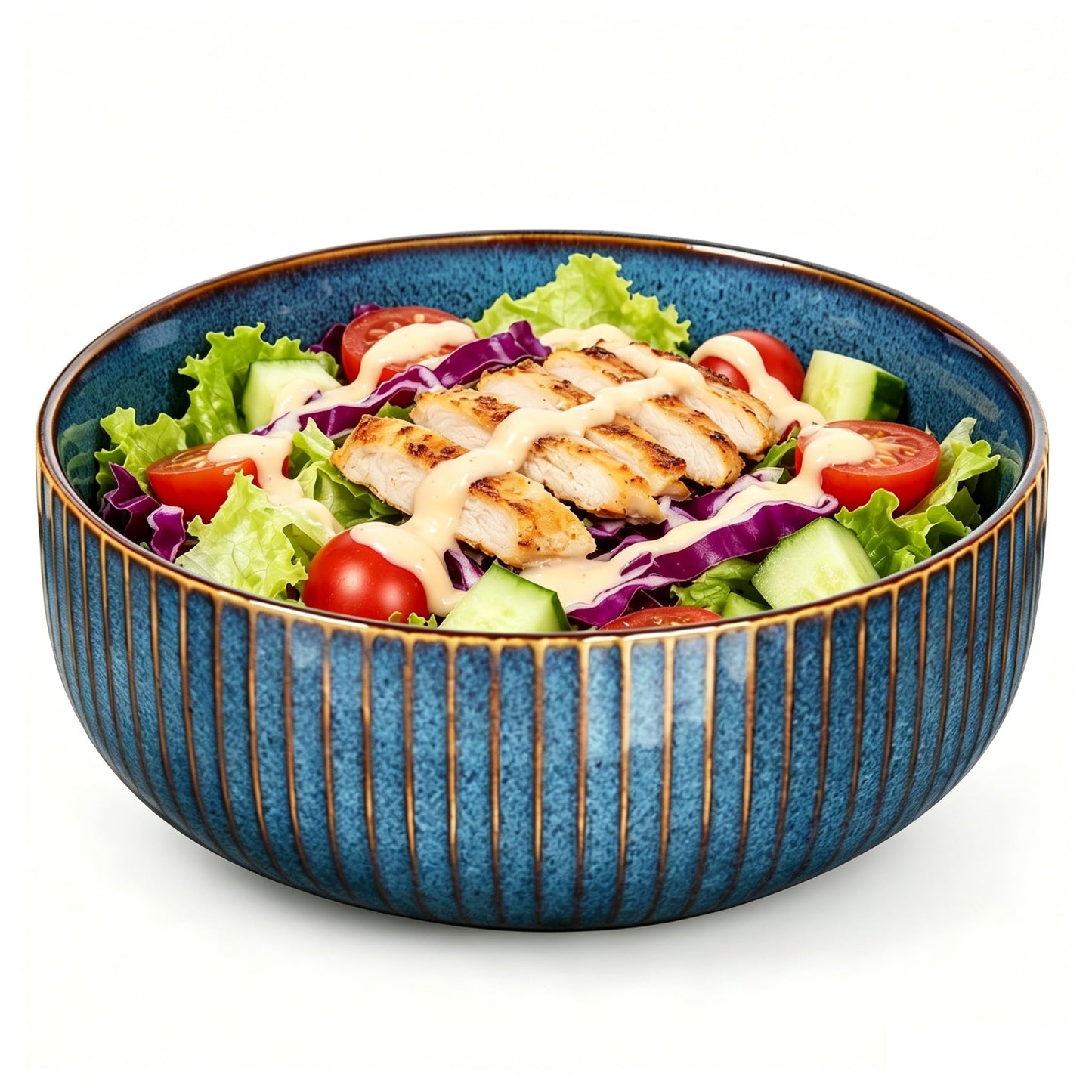 YIK TUNG 66 Oz Large Ceramic Salad Bowls,8.25" Round Serving Bowl with Blue Vertical Stripe Design for Serving Pasta,Soup, Cereals,Fruit, Chips, and More, Microwave & Dishwasher Safe