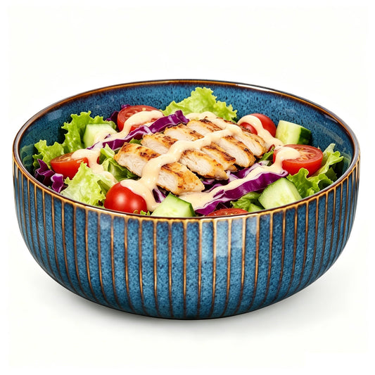YIK TUNG 66 Oz Large Ceramic Salad Bowls,8.25" Round Serving Bowl with Blue Vertical Stripe Design for Serving Pasta,Soup, Cereals,Fruit, Chips, and More, Microwave & Dishwasher Safe