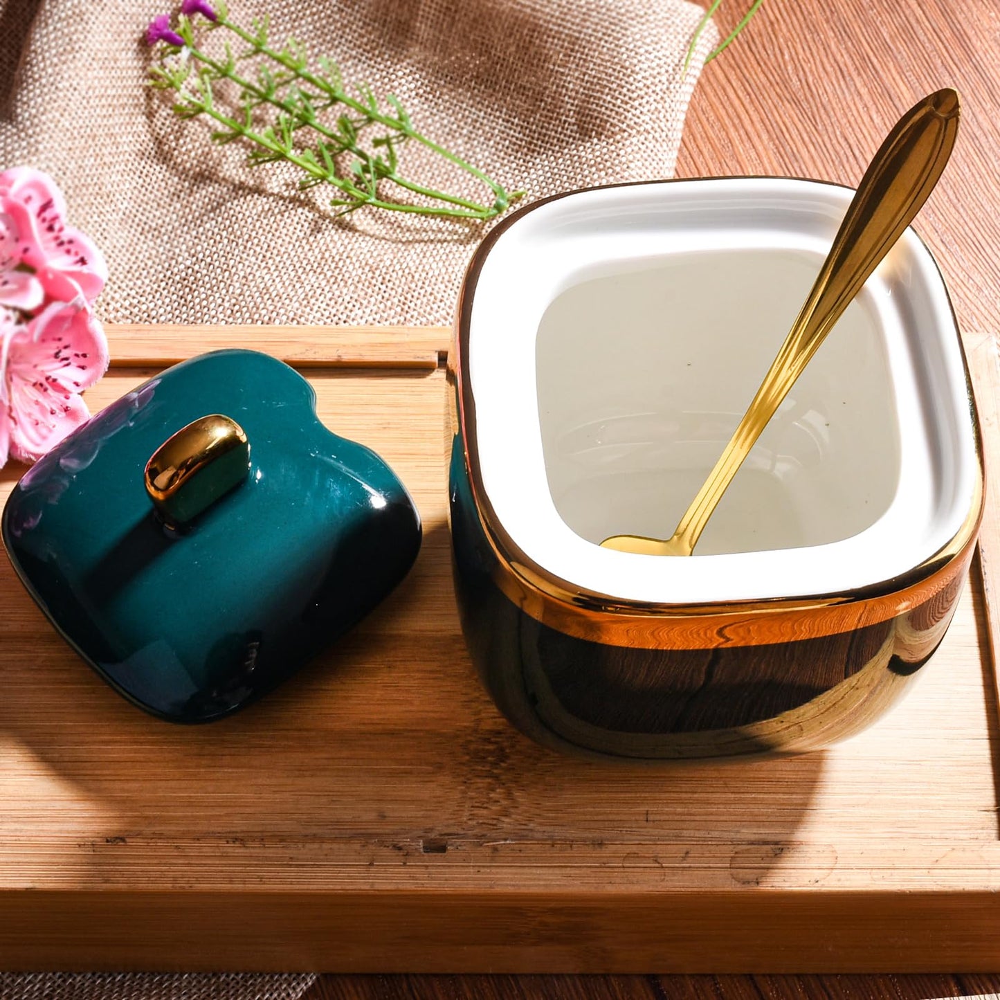 Cerficer Ceramic Sugar Bowl with Lid and Spoon - Emerald Green Golden Trim Porcelain Condiment Jar, Decorative Canister for sauce, Salt, Coffee, Tea, Kitchen Counter & Dining Table
