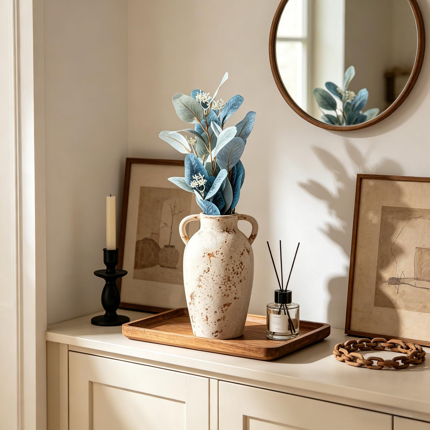 Terracotta Rustic Ceramic Vase with Handles, Washed Terra Cottar Decorative Pottery Flower Vase for Home Decor, Table, Living Room Decoration, Shelf Decor, Mantel, 9.5 Inch Vase