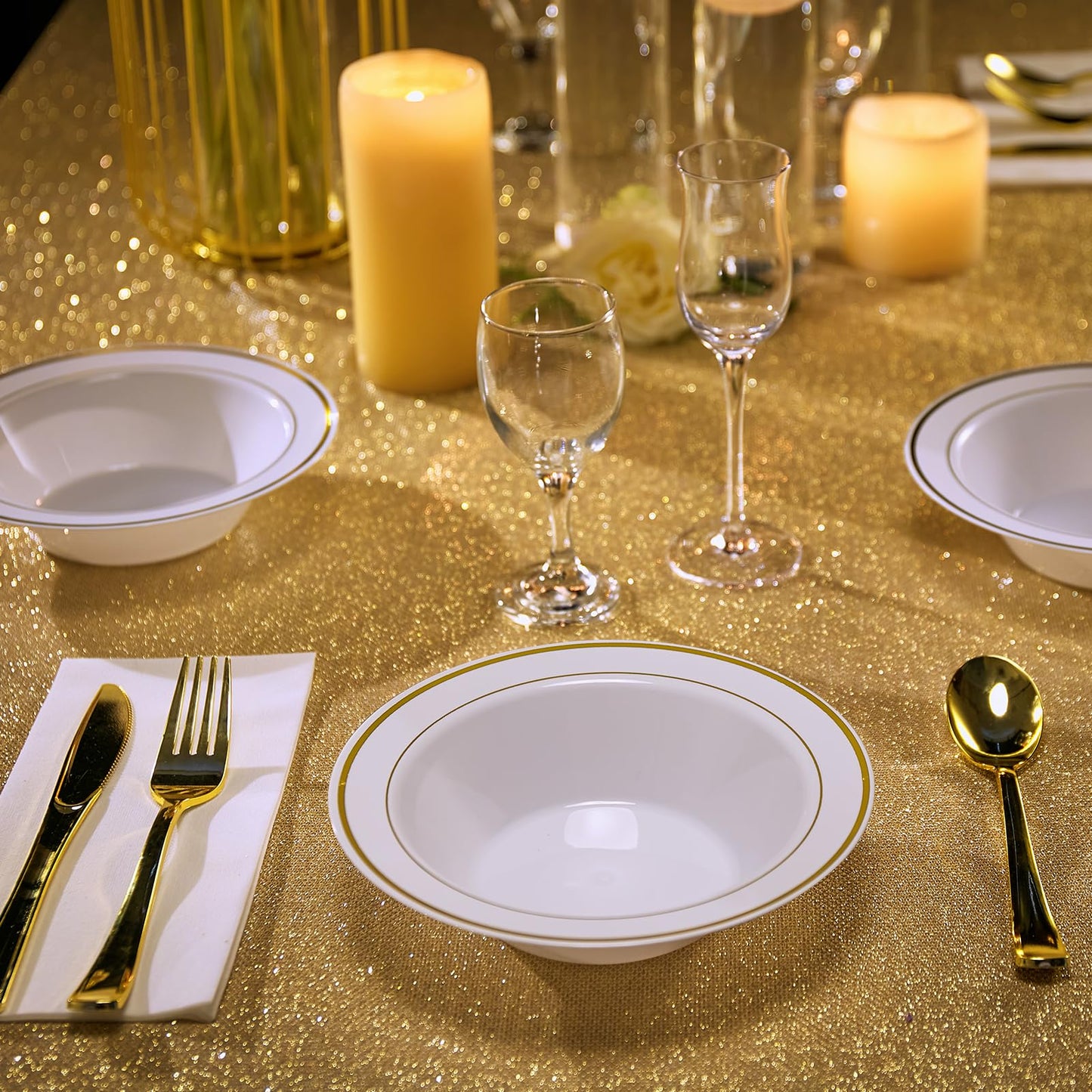 JOLLY PARTY 100PCS Plastic Bowls with Gold Rim-12oz disposable Soup Bowls, Christmas Thanksgiving Premium Dessert Salad Bowls for Wedding/Party