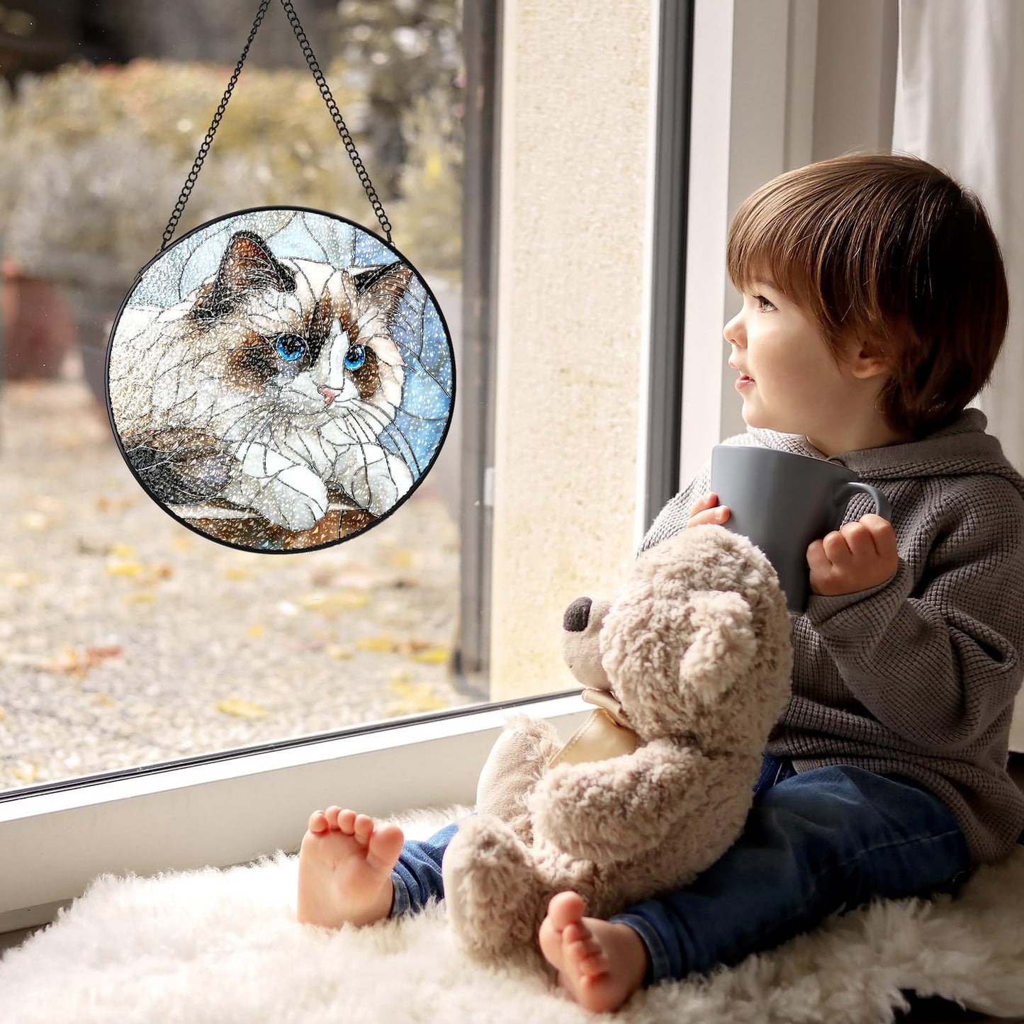 Gifts for Cat Lovers Stained Glass Suncatcher, Cute White Cat Suncatchers for Windows Hanging, Sun Catchers Indoor Wall Art Home Decor, 7.8in*7.8in