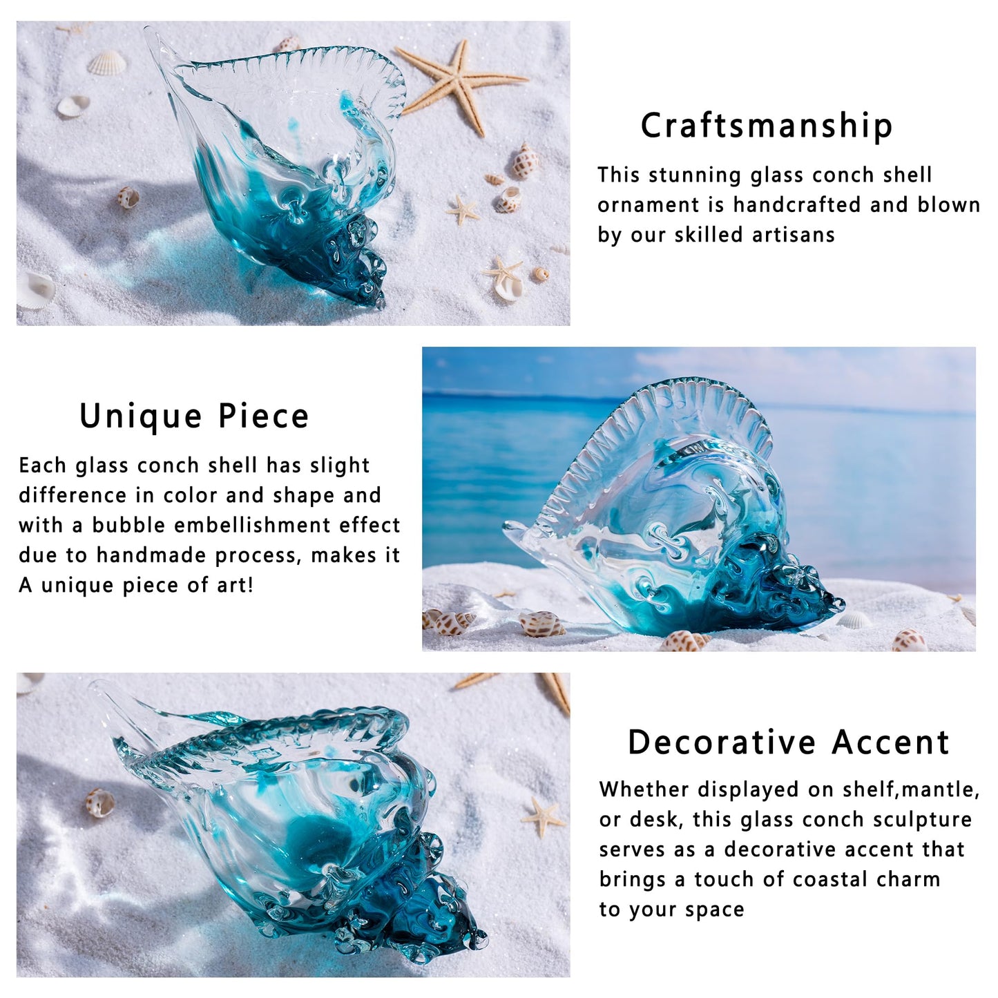QIANCHANG 8" Blown Glass Conch Shell, Large Blue Glass Seashells Sculpture Table Centerpiece, Coastal Ocean Beach Themed Room Gifts for Women