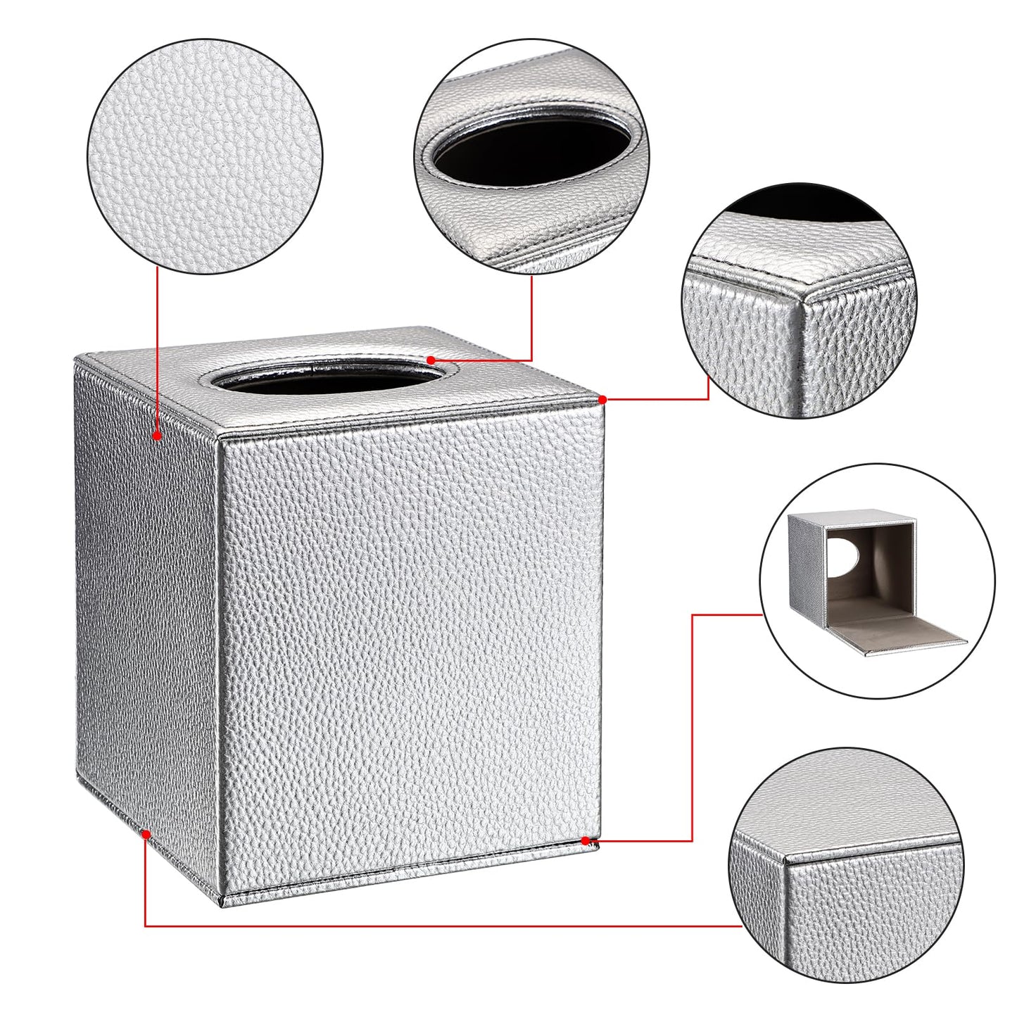 Sumnacon Tissue Box Cover Square Tissue Box Stylish PU Tissue Box Holder with Magnetic Bottom, Leather Cube Tissue Cover for Living Room Bathroom Bedroom Table Desk Home Office Car, Silver
