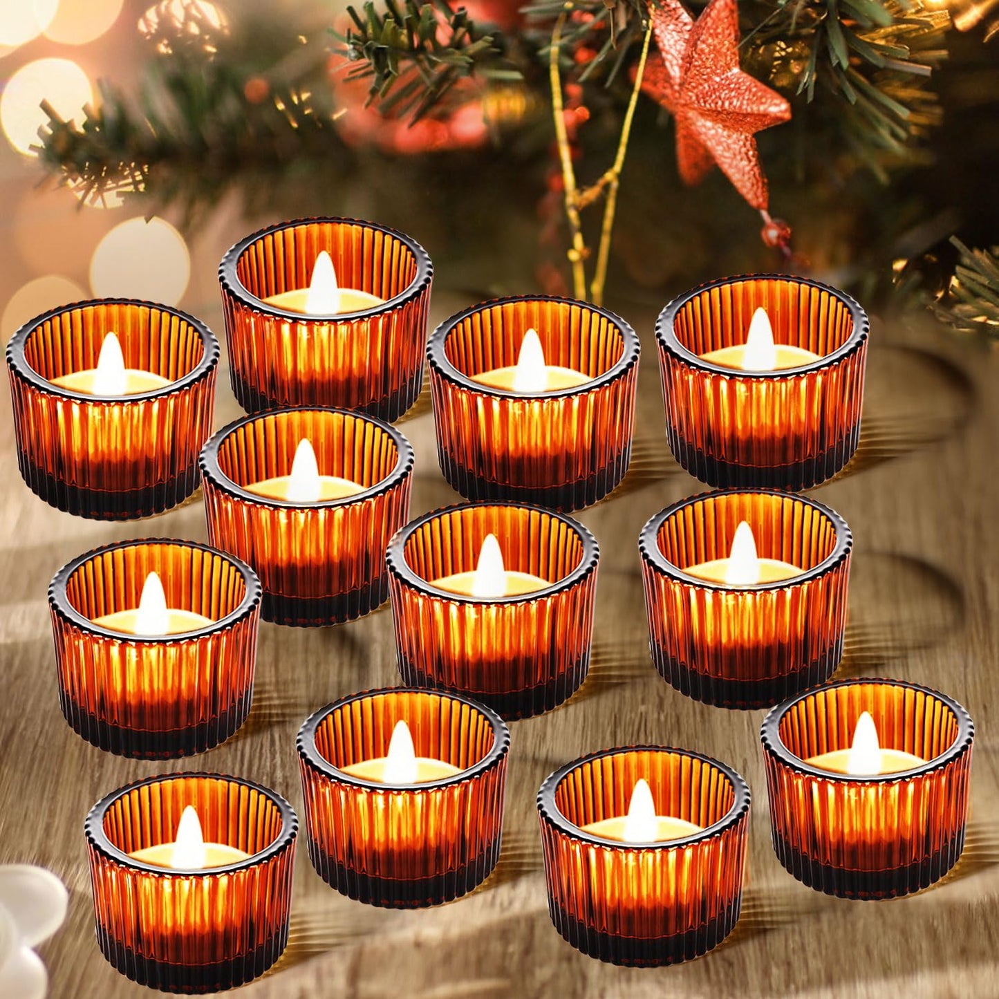 JOYIT Amber Votive Candle Holders Bulk Set of 12, Tealight Candle Holder for Wedding Table Centerpiece, Glass Small Candle Holders for Birthday Party, Valentine's Day, Home Decor (2''X 1.4'')