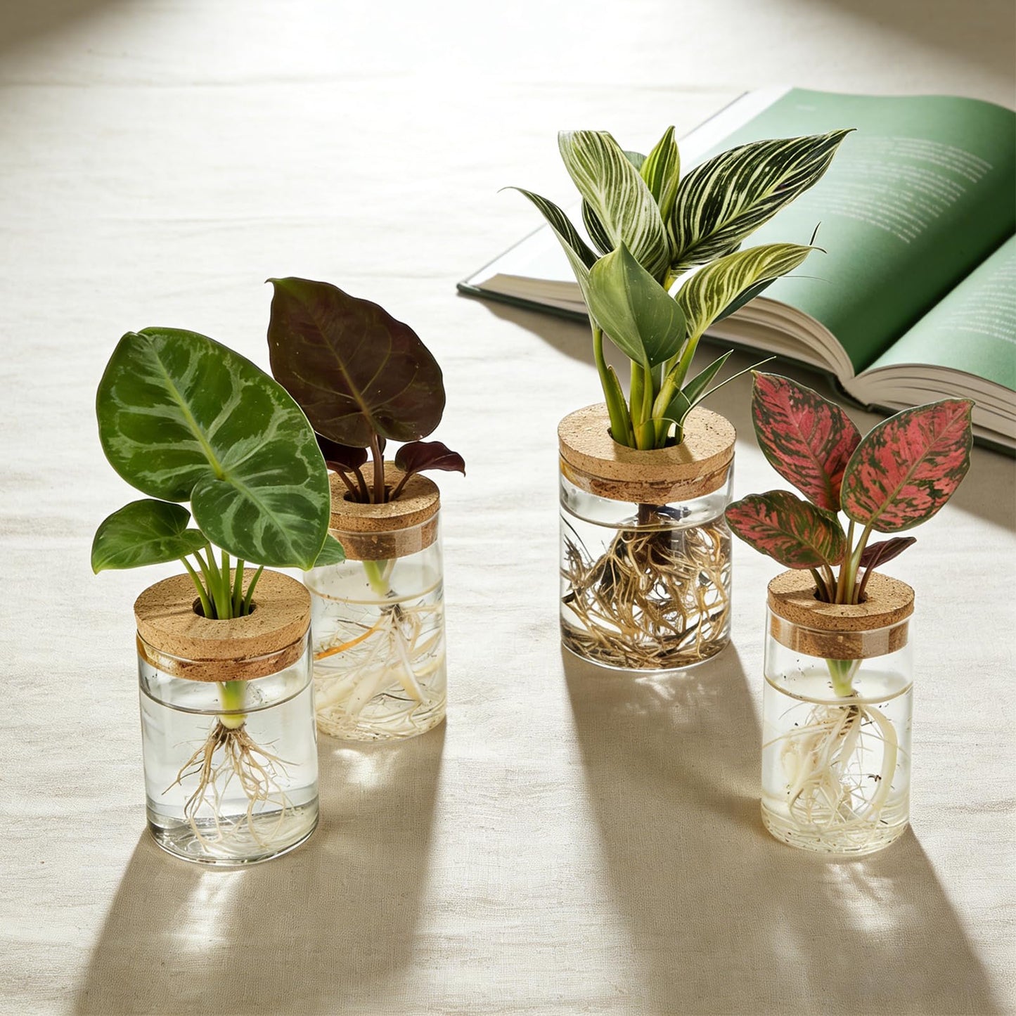 Glass Plant Propagation Station Set of 4, 2 Large and 2 Small Clear Borosilicate Glass Vases for Plant Propagation, Modern Nordic Hydroponic Propagation Stations for Home Office Decor
