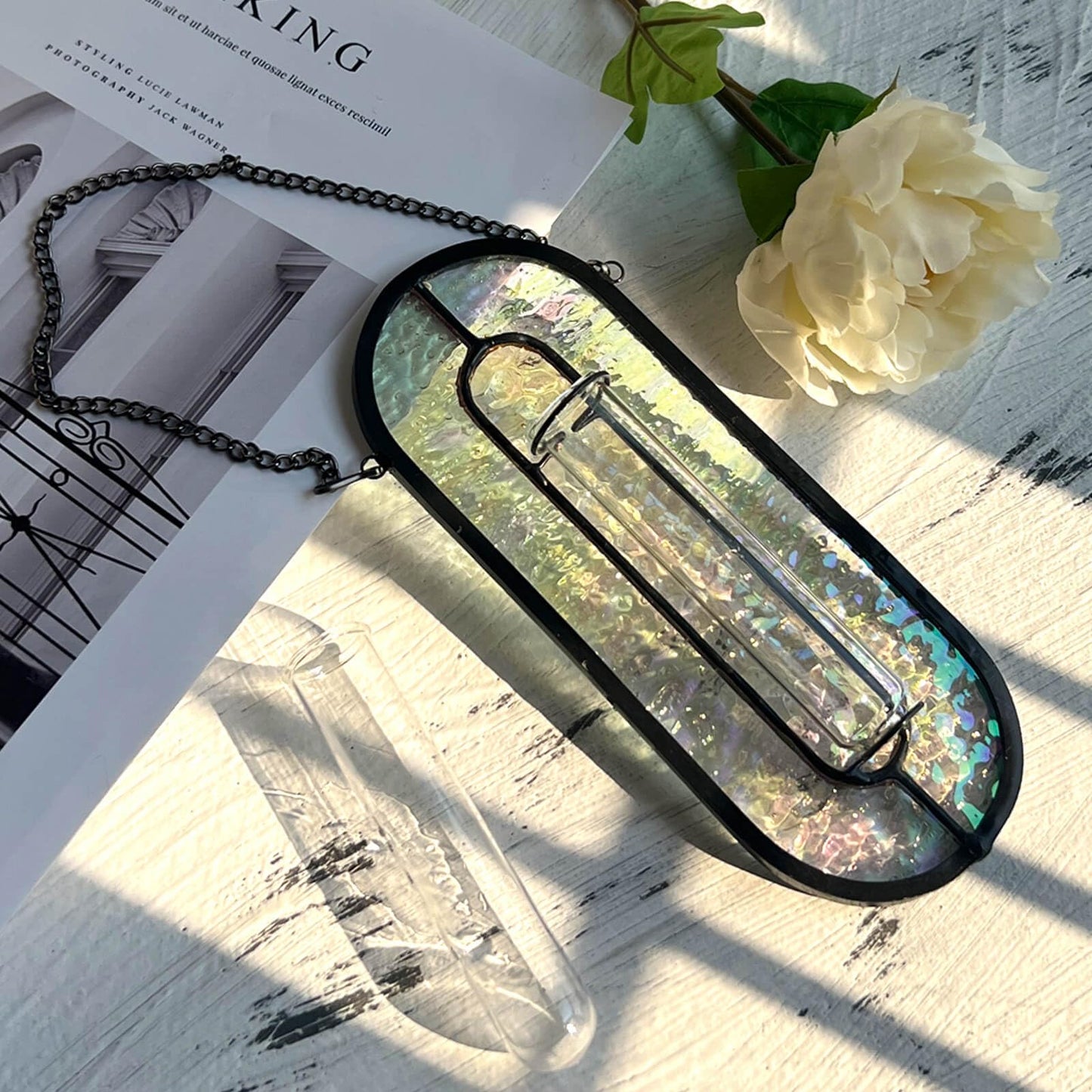 LITMIND Iridescent Stained Glass Plant Propagation Station - Vibrant Hanging Hydroponic Planter Terrarium with 2 Glass Tubes - Perfect for Home & Garden Décor