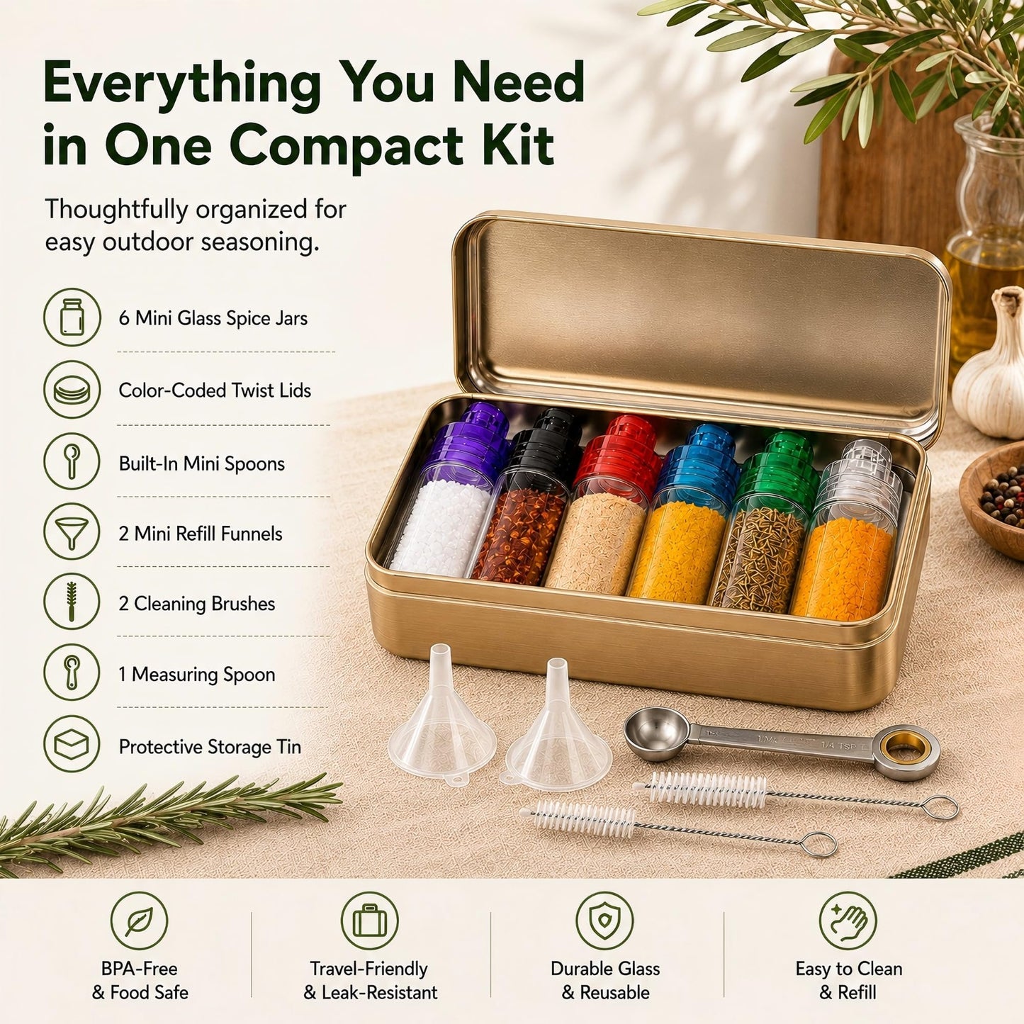 6 PCS Mini Spice Containers with Spoon, Portable Leak Proof Airtight Seasoning Set for Camping, Backpacking, BBQ, RV, Kitchen and Outdoor Cooking (12-Piece Set)