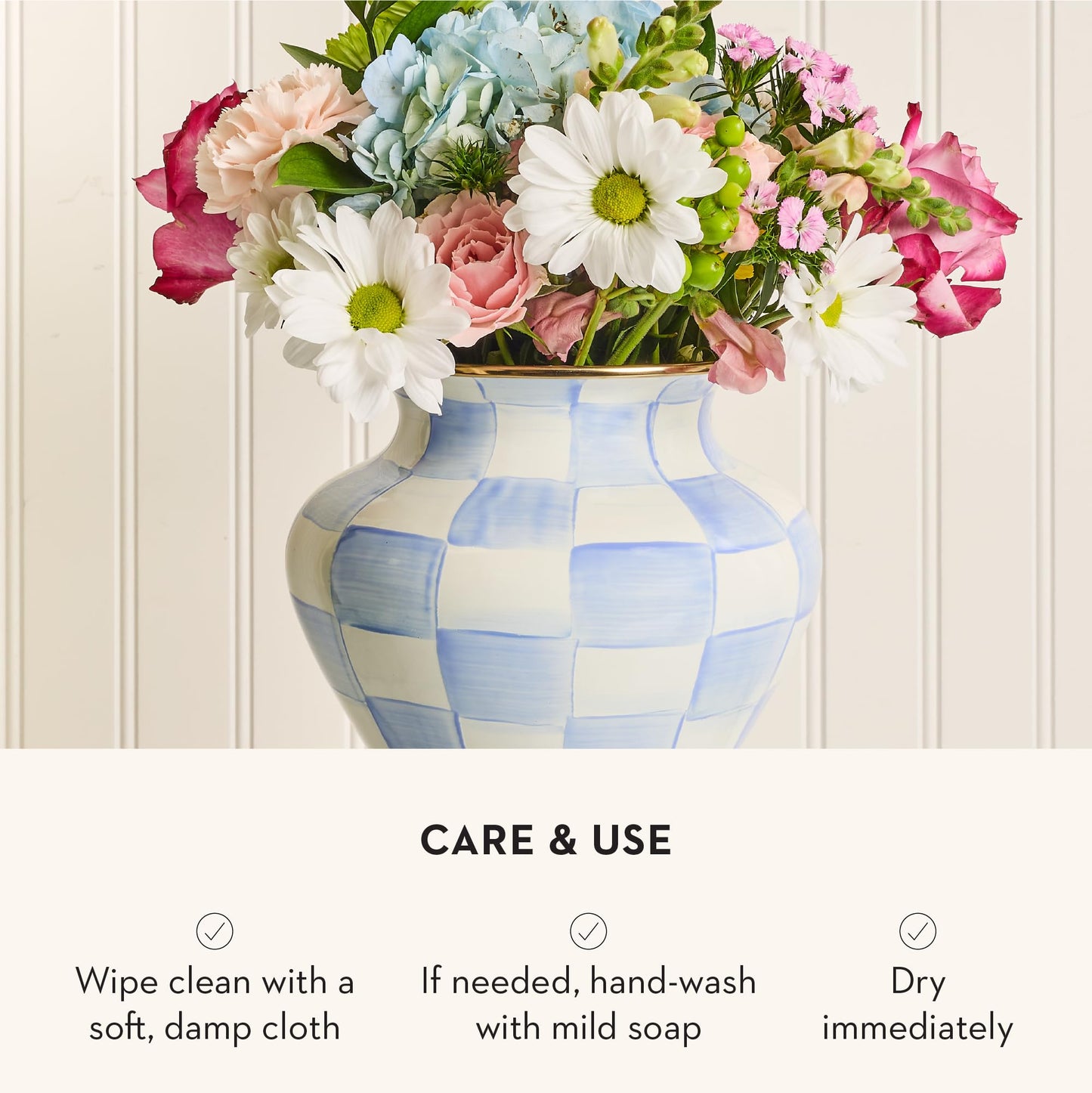 MACKENZIE-CHILDS Enamel Vase, Unique Flower-Vase Decor for Living Room, Large, Light-Blue-and-White Sky Check