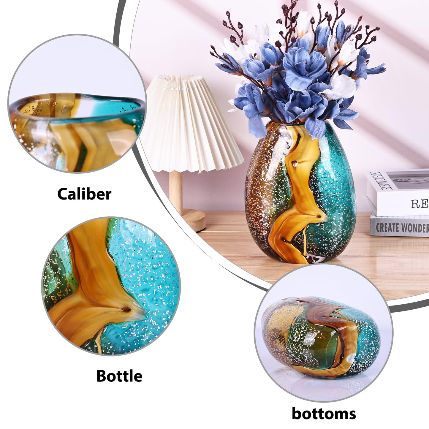 PlivBloom Teal Glass Vase,Hand Blown Green Glass Flower Vases Bulk,Murano Glass Vases,Unique Table Glass Decor, Flowers with Vase Decorative,Teal Vase Decor,for Bookshelf,Living Room,Office,Gift (S)