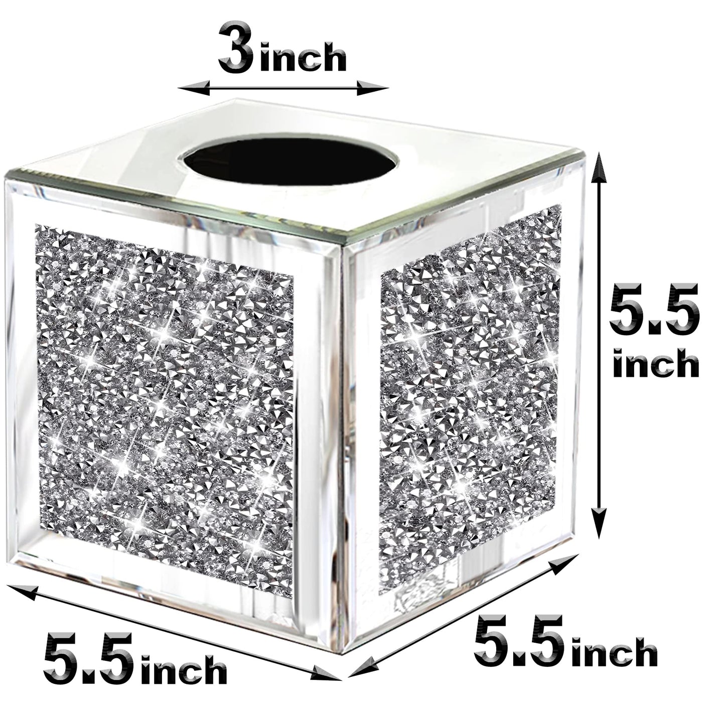 Wocred Square Mirrored Tissue Box Cover,Crystal Crushed Diamond Tissue Box,Silver Luxury Tissue Holders for Either Tissues in a Bathroom or Napkins on a Table.(5.5”x5.5”x5.5”)