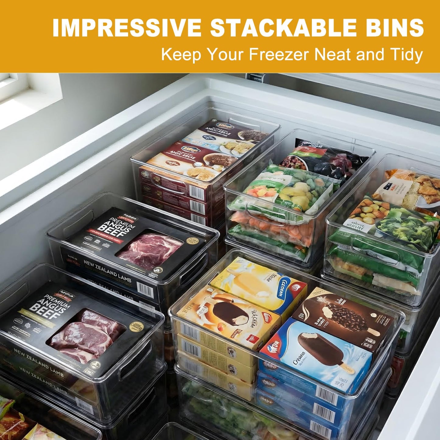 Hudgan 8 Pack Freezer Organizer Bins,Stackable,Clear Bins for Fridge,Pantry