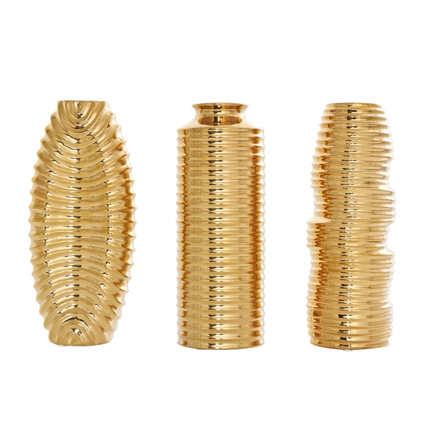 Deco 79 Ceramic Decorative Vase Dimensional Ribbed Centerpiece Vases with Varying Shapes, Set of 3 Flower Vases for Home Decoration 4" W, 11" H, Gold