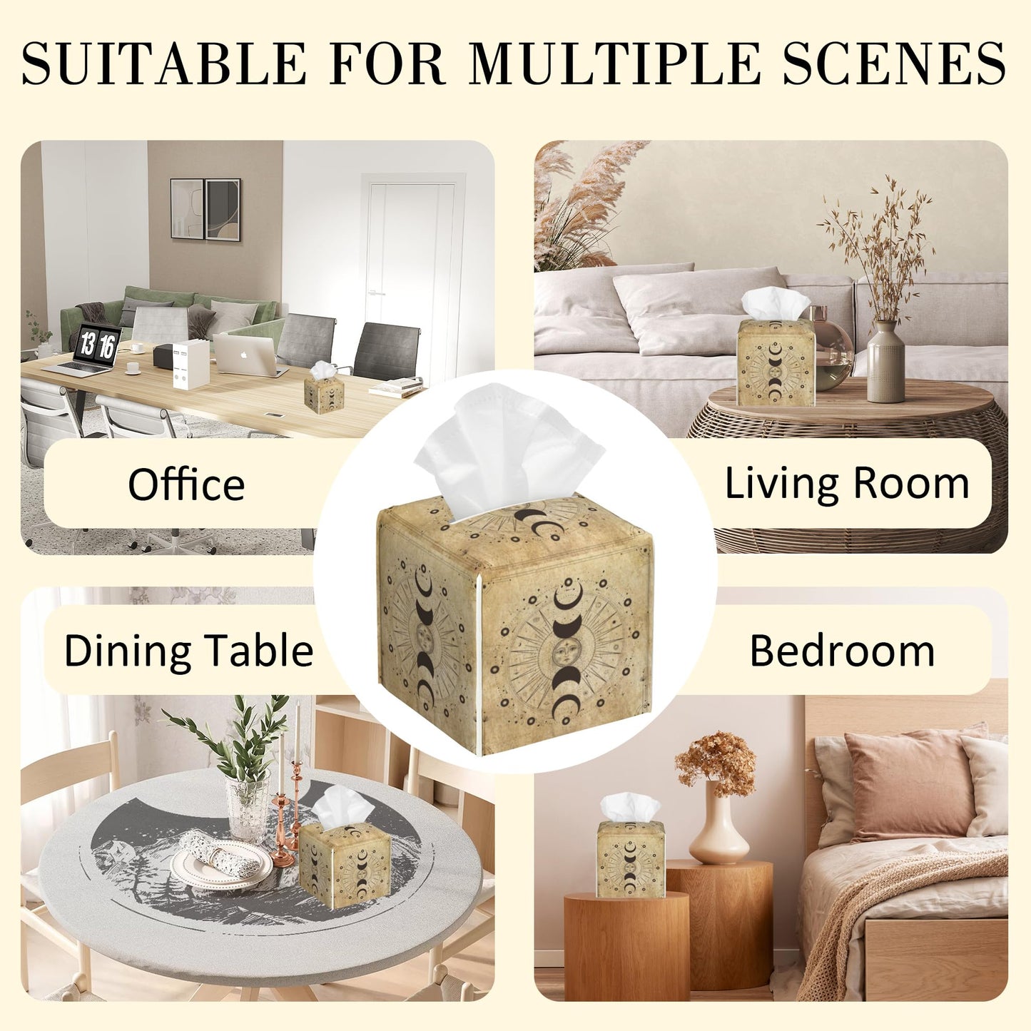 POIUBLE Leather Tissue Box Holder Moon Phases Tissue Box Cover Astrology Square Waterproof Tissue Holder Organizer Modern Napkin Holder for Bedroom Dresser Night Stand Office Desk