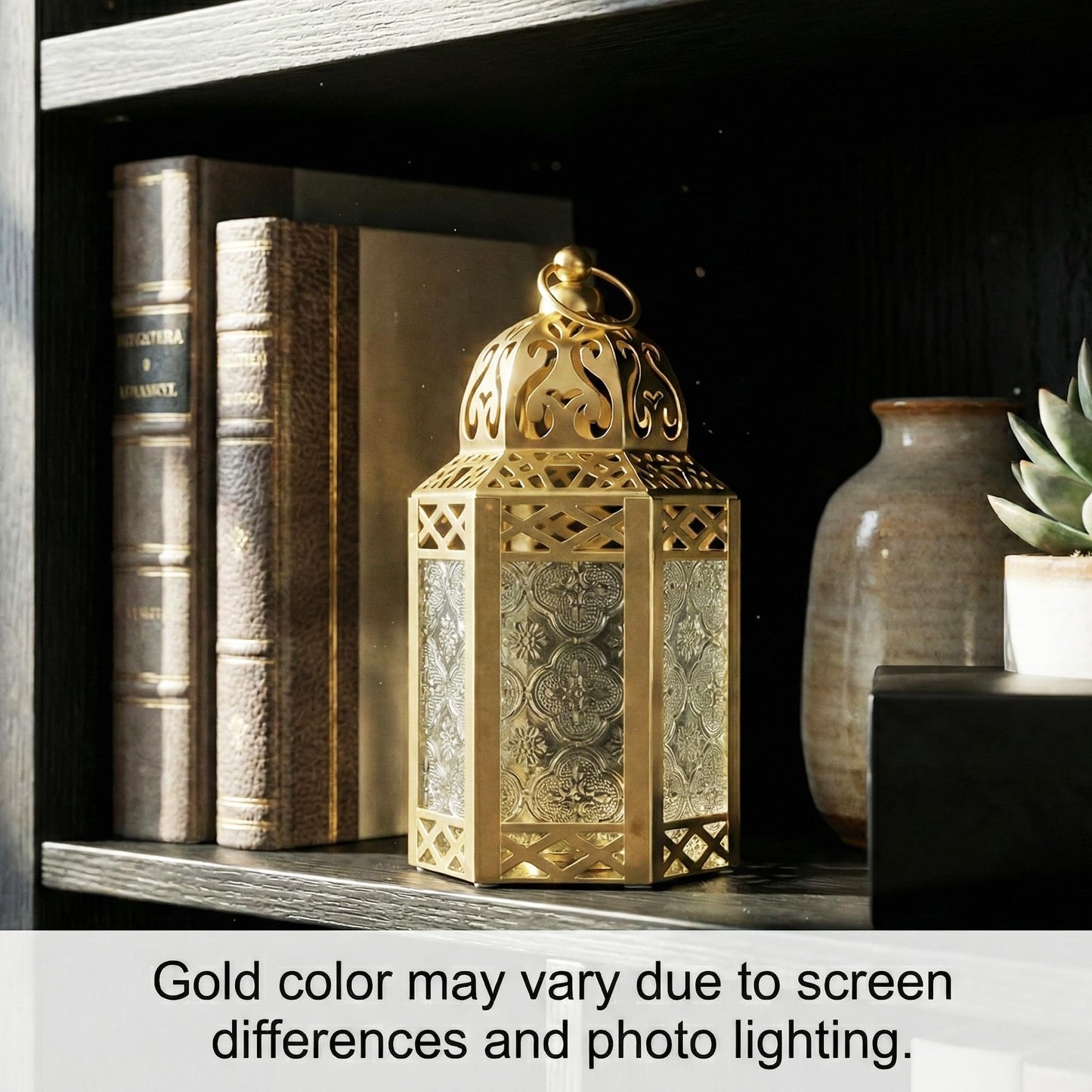 VELA LANTERNS 8.5" Small Gold Metal Decorative Moroccan Lantern Candle Holder Lamp - Indoor/Outdoor, Home Decor, Patio, Weddings, Ramadan Decor