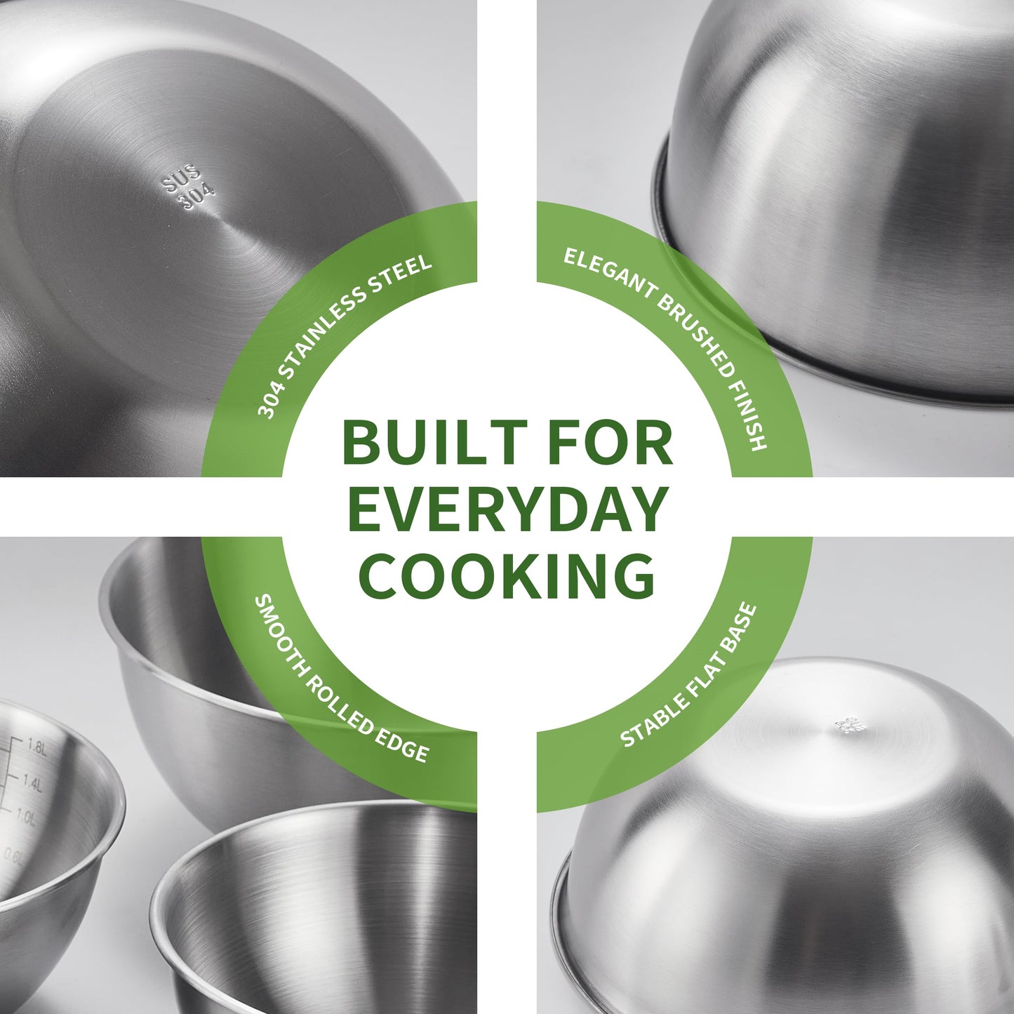 Bitwav 304 Stainless Steel Mixing Bowls Set of 5, 1.1/1.6/1.9/2.5/3.5 QT Food Grade Metal Bowls with Measurement Marks, Dishwasher Safe & Stackable Nesting for Baking, Salads, Meal Prep, RV & Camping