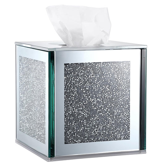 Sumnacon Crystal Square Tissue Box Cover, Silver Glass Cube Tissue Box Holder, Decorative Facial Tissue Holders Dispenser for Bathroom Vanity Dresser Night Stand Table Countertop Office Home Decor