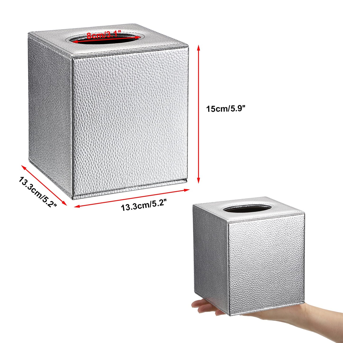 Sumnacon Tissue Box Cover Square Tissue Box Stylish PU Tissue Box Holder with Magnetic Bottom, Leather Cube Tissue Cover for Living Room Bathroom Bedroom Table Desk Home Office Car, Silver