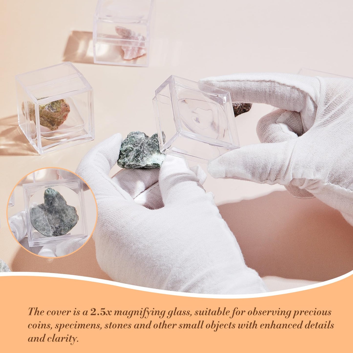 DoubleFill 10 Pack Rock Display Case Clear Rock Collection Boxes Storage 2.5 x Magnifying Specimen Boxes Bug Viewer Box for Mineral Stone Storage Gemstone Fossil Crystal Coins Collectibles