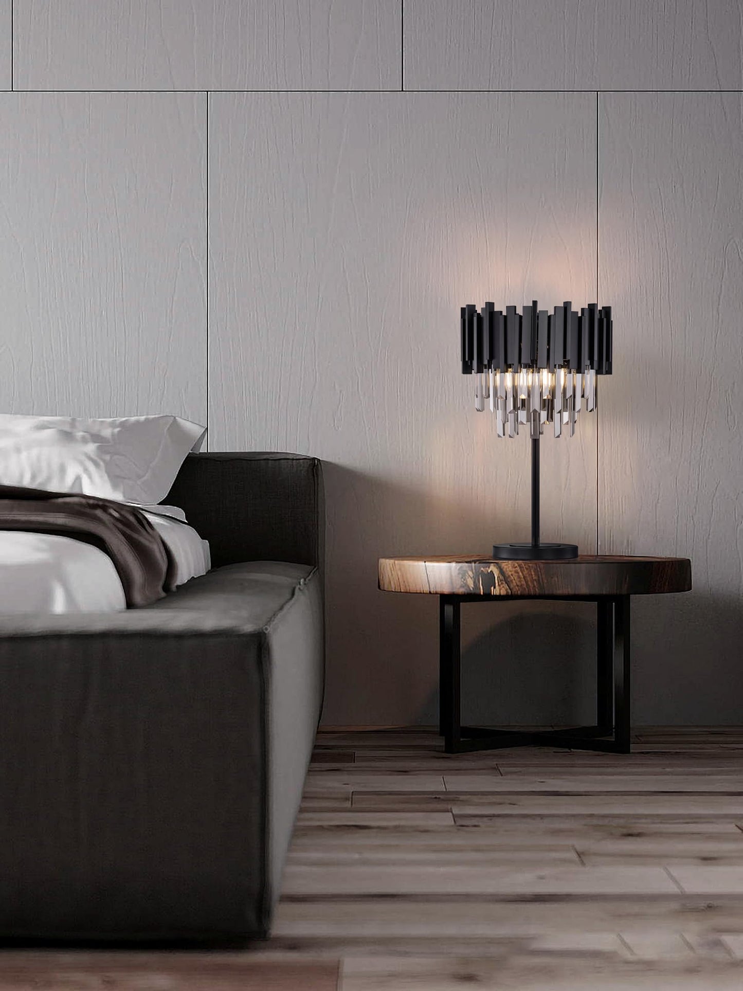 Wellmet Grey Crystal Table Lamp,3 Lights Table Lamps for Bedroom,Black Bedside Nightstand Lamps for Living Room,Small Decorative Desk Lamp for Reading Room