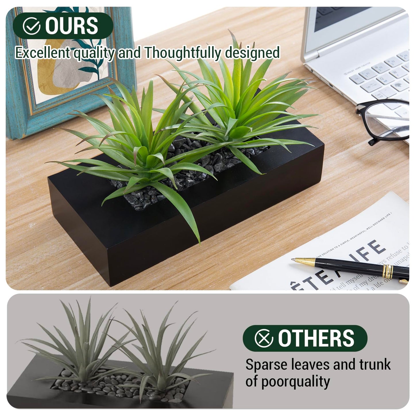 MyGift 10 Inch Fake Grass Artificial Plants in Rectangular Black Wood Planter - Faux Plants Indoor for Tabletop Centerpiece Décor