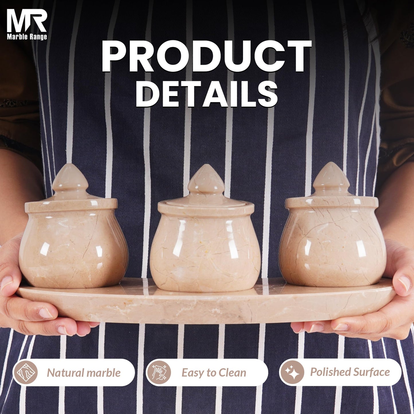 Marble Salt Cellar with Lid 3.5 Inch Natural Verona Stone Salt Holder with Tray Set of 3, Stylish Countertop Jar for Spices, Sugar, Seasoning, Condiments & Dining Table Use