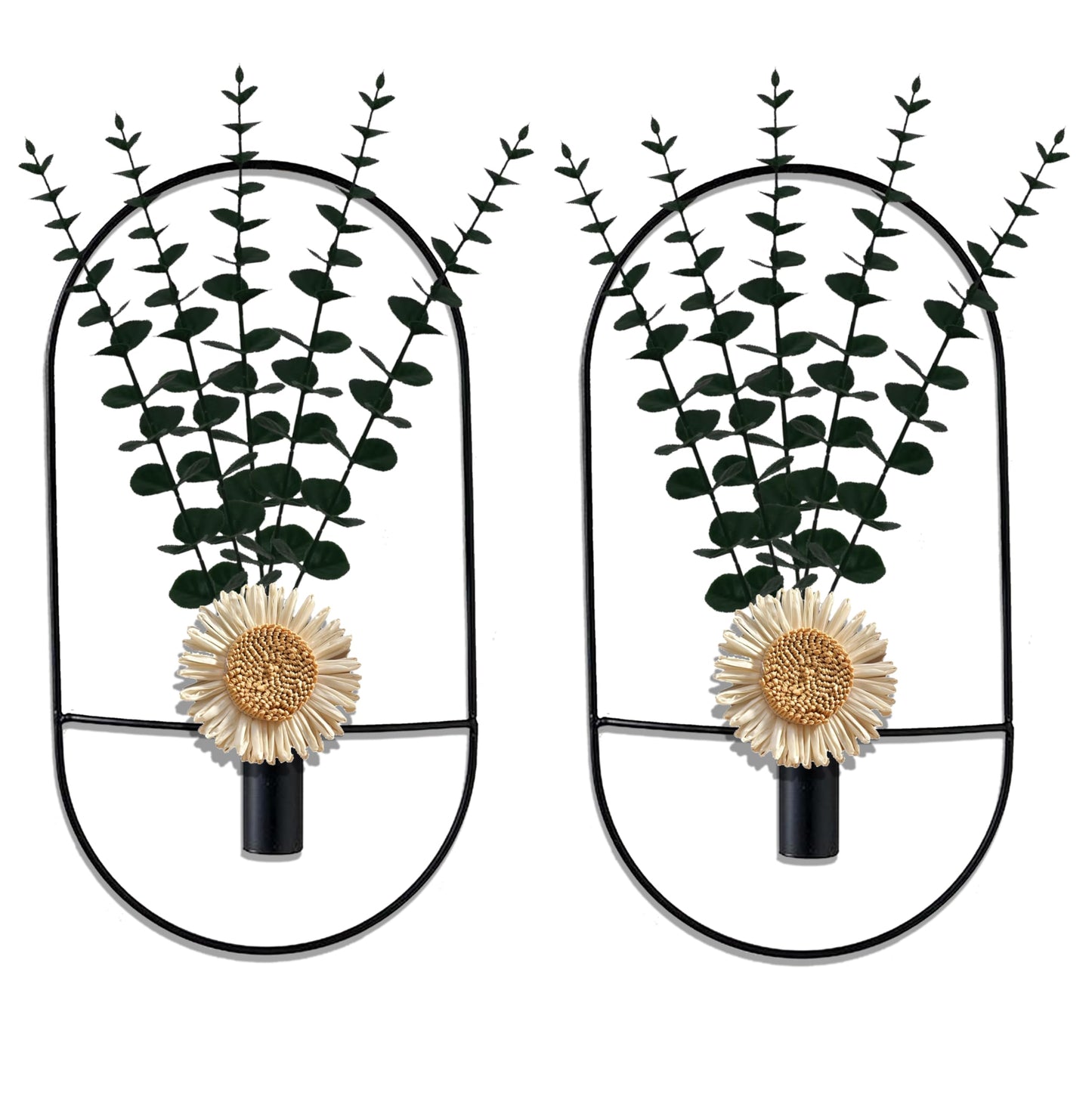 2 Pack Black Metal Wall Hanging Vase with Artificial Plants, Metal Plants Decor for Living Room, Bedroom, Bathroom, Dining Room, Fake Faux Plant Display