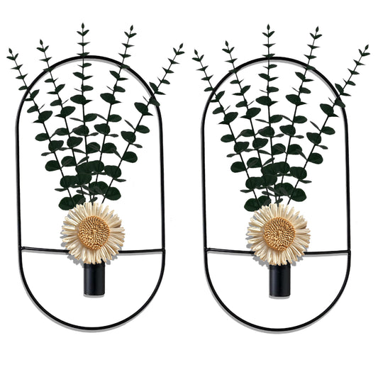 2 Pack Black Metal Wall Hanging Vase with Artificial Plants, Metal Plants Decor for Living Room, Bedroom, Bathroom, Dining Room, Fake Faux Plant Display