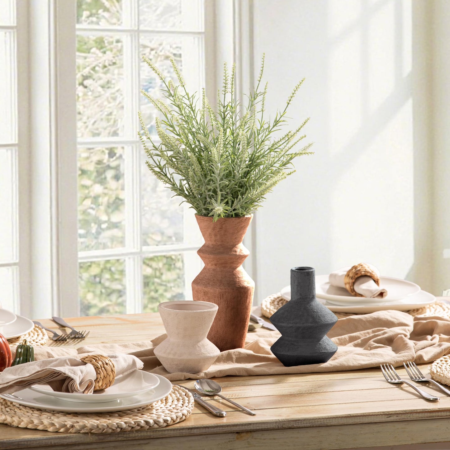 Ceramic Vase Home Table Decor - Flower Vase Set of 3 Living Room Kitchen Decorations Farmhouse Modern Rustic Vases Decorative Centerpiece for Shelf Bedroom Office Bathroom Dining Coffee Desk