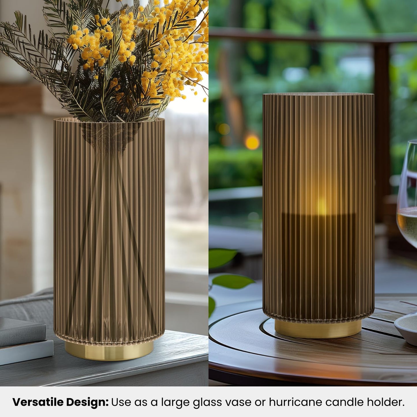 Torre & Tagus 10" Ribbed Brown Glass Vase for Flowers & Candle Hurricane