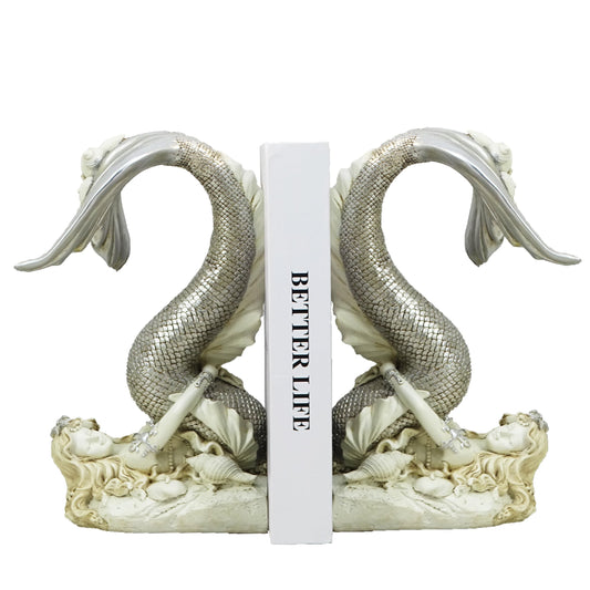YHHRESINHOME 10-inch Antique Silver Mermaid Bookends, Vintage Crystal-Inspired Resin Book Stopper, Unique Ocean Themed Shelf Decor, Iridescent Glass-Like Finish, Gift for Book Lovers