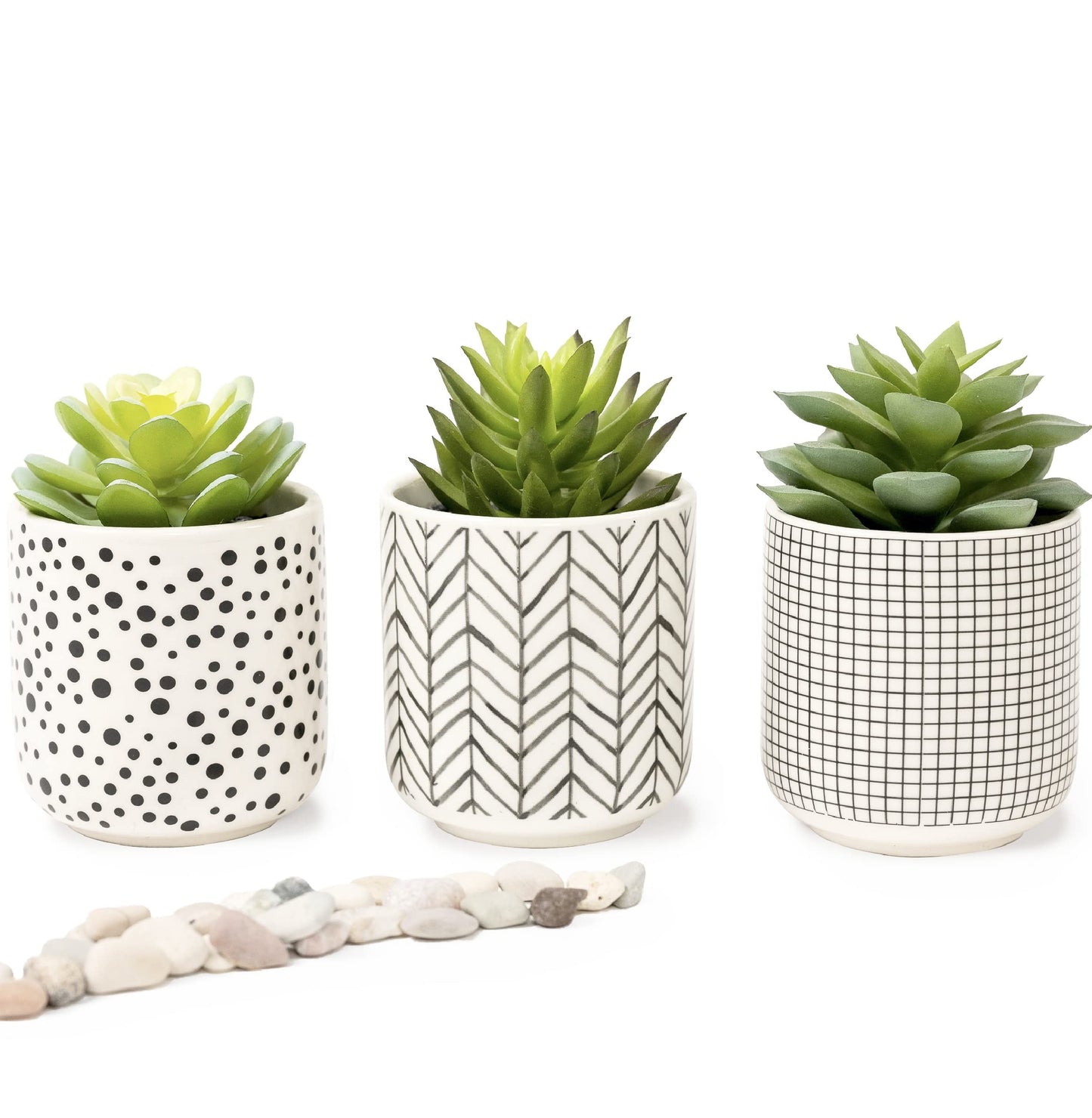Kurrajong Farmhouse Artificial Succulents in pots | Set of 3 Black and White pots with Faux Succulents | Faux Plants Indoor | Fake Plants for Desk Decor | 4.75" high