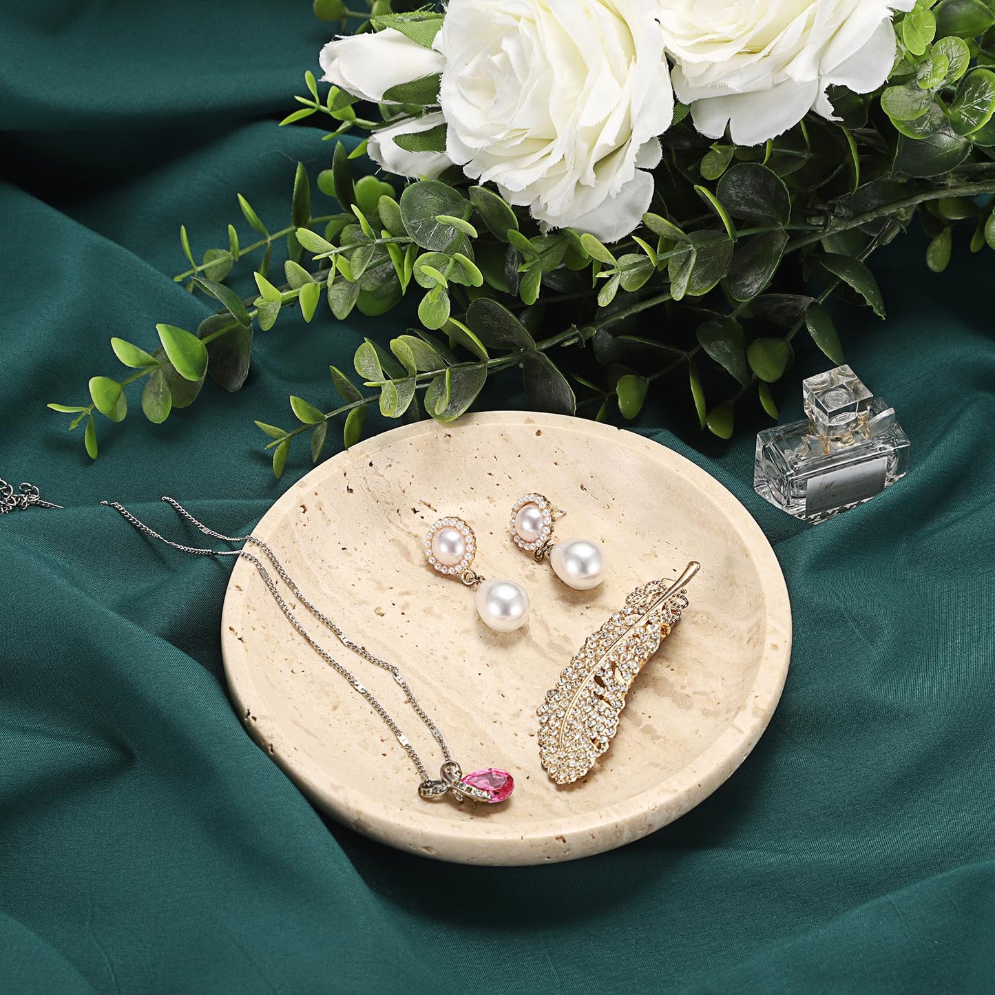 Hipiwe Small Key Bowl for Entryway, 5.5" Round Decorative Ring Holder Dish Natural Travertine Stone Trinket Tray Jewelry Dish Plate Candle Tray for Earring Necklaces Home Decor