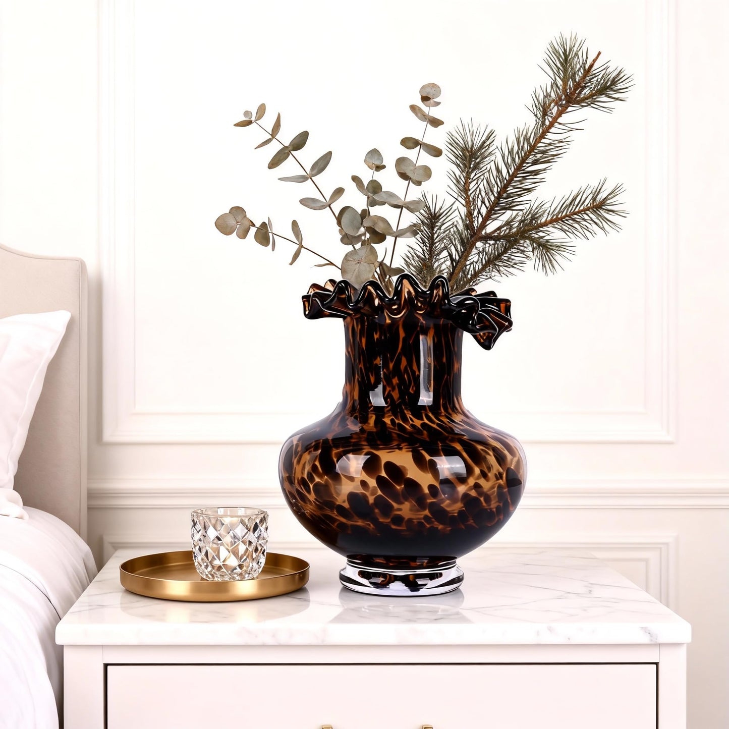 Amber Glass Vase – Tortoise Shell Design, Elegant Home Décor, Unique Centerpiece for Living Room, Office, Wedding Gifts, Art Glass Vase, Round Decorative Vase, Tortoise Shell Home Décor (S)