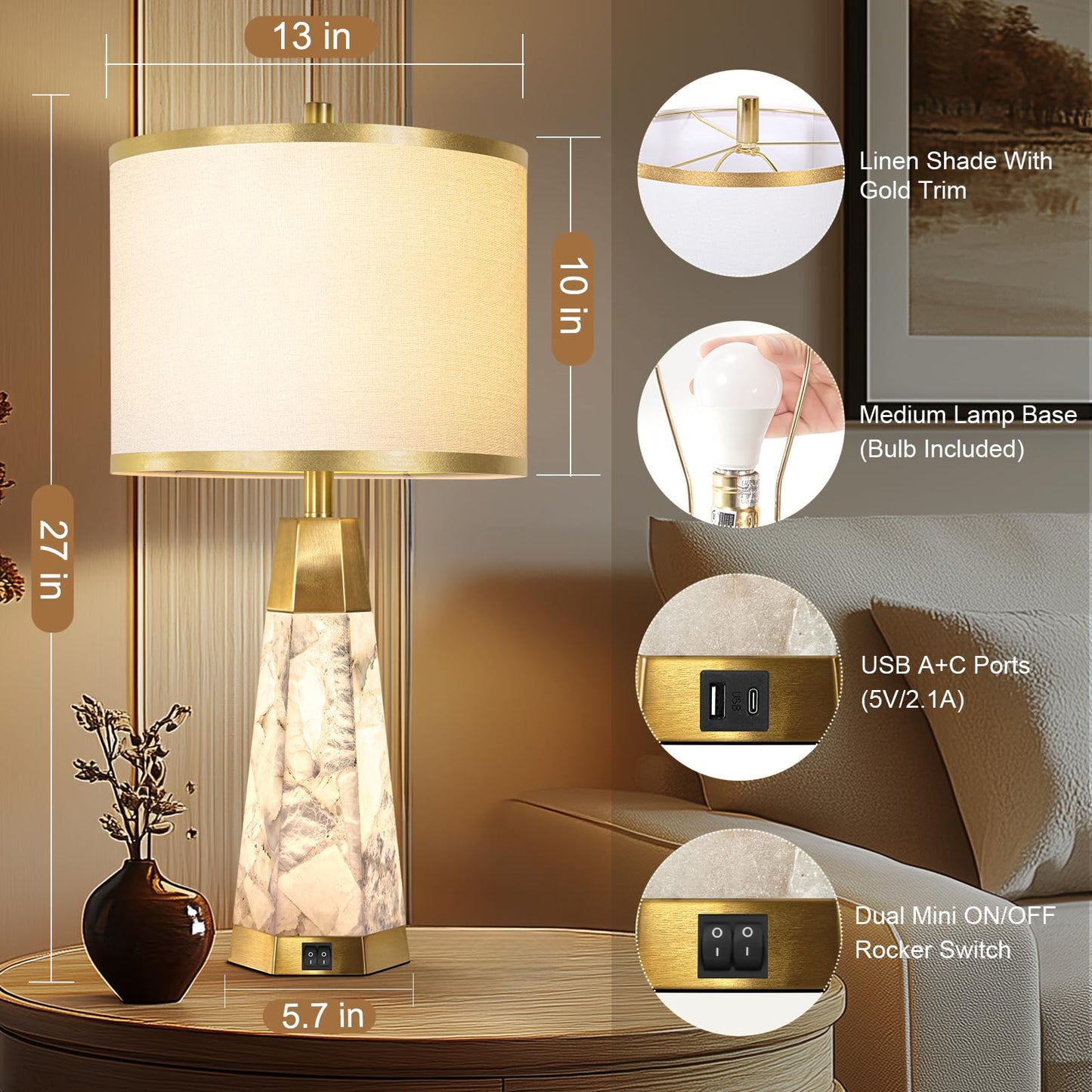 KIVDITZO 27" Alabaster Table Lamps Set of 2 - Lamps for Living Room with Night Light, Bedside Lamps with White Linen Shade, Nightstand Table Lamp with USB A+C Port for Bedroom Office (Bulb Included)