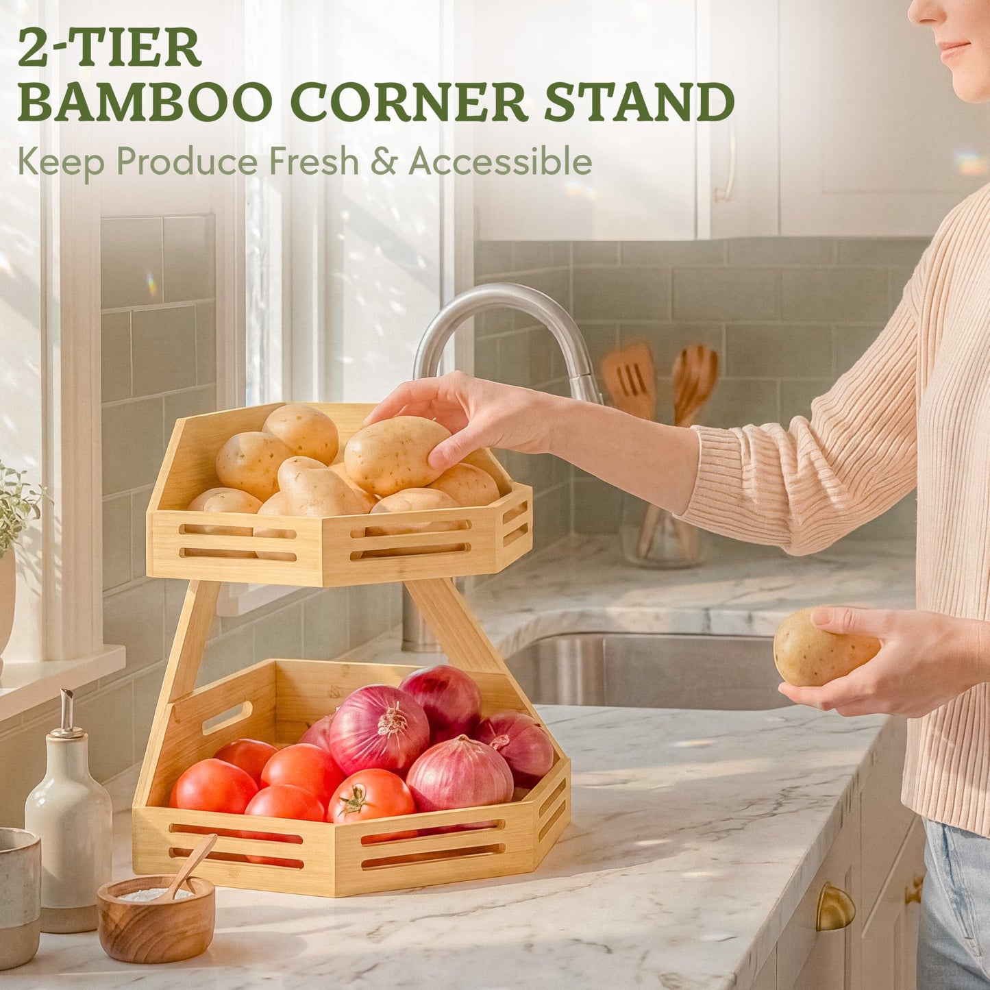 HOMESTEAD 2-Tier Bamboo Corner Shelf Organizer, Fruit Vegetable Produce Stand with Air Vents, Countertop Standing Rack for Kitchen, Bathroom, Corner Shelf Space Saver