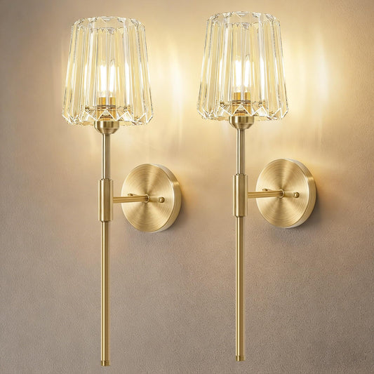 OYKYOHEI 2 Packs Crystal Battery Wall Sconces, Rechargeable Wireless Clear Lights, 12 Color Changing & 3CCT Dimmable, Gold Metal Finish Clear Glass Wall Lamps for Bathroom Dining Room Bedroom Accent