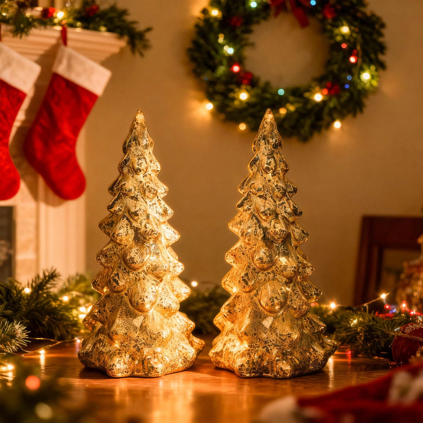 vskikris Set of 2 Mercury Glass Christmas Tree Set Gold Glass Christmas Trees Collectible Figurines with Led Indoor Table Centerpiece Decorations Mantel Gift