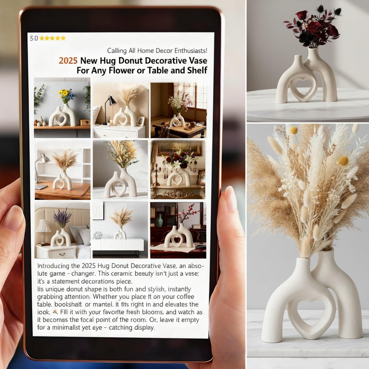 Liotww Snuggle Hollow Hug Donut Ceramic Vase, 8.3 Inch Modern Nordic Boho Style Aesthetic Decorative Flower Vases for Home Decor Pottery Barn Dining Living Room Table Shelf (Milky White)
