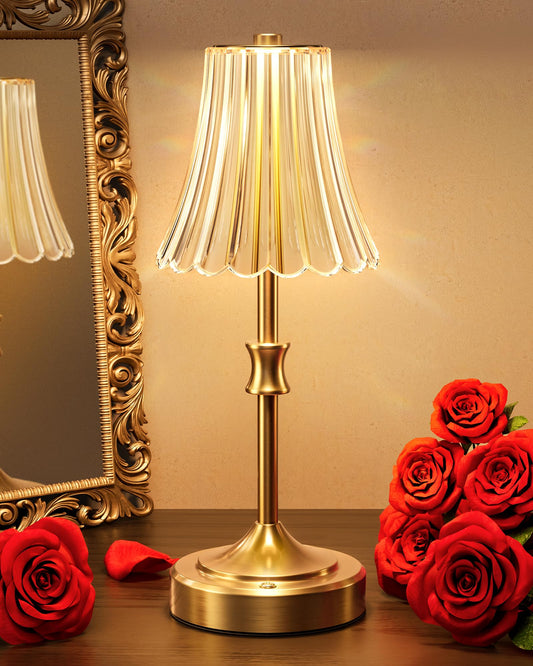 JACKYLED Vintage Cordless Table Lamp, Acrylic Crystal Flower Lamp Shade, 3 Colors Dimmable LED Golden Lamp, 5000Capactiy powerOperated Rechargeable Lamp for Kitchen Counter Home Decor