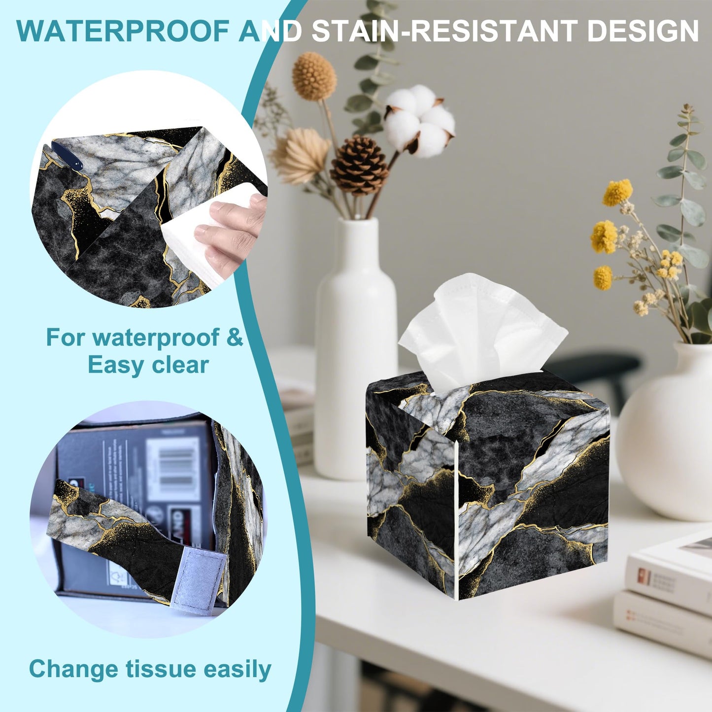 Black White Marble Tissue Box Cover Square,Golden Veins Leather Tissue Holder with Bottom Belt,Facial Paper Organizer Tissue Box Cover for Home Office Bathroom Vanity Countertop,5.2" x 5.2" x 5.2"
