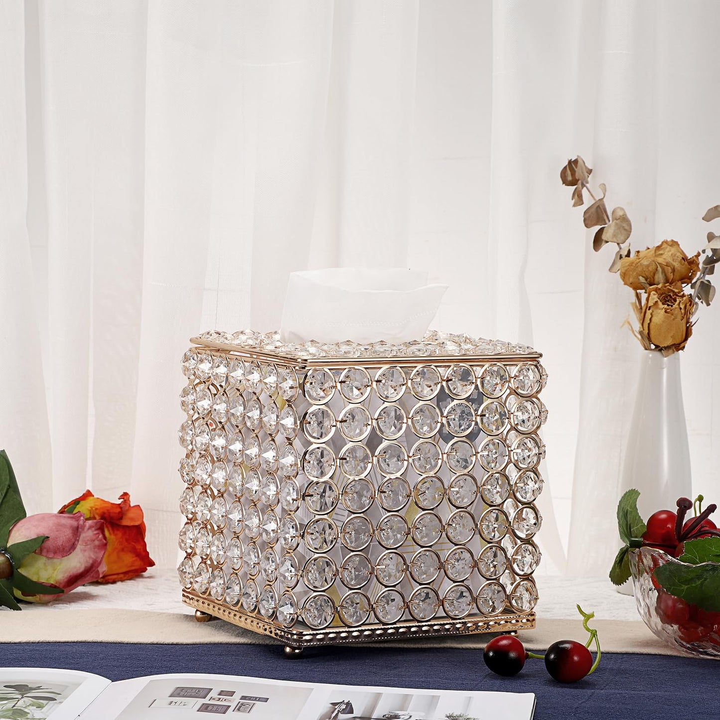 Sumnacon Crystal Square Tissue Box Cover - Sparkling Glass Cube Tissue Box Holder, Decorative Facial Tissue Holder for Bedroom Bathroom Vanity Dresser Night Stand Table Office Home Decor, Gold