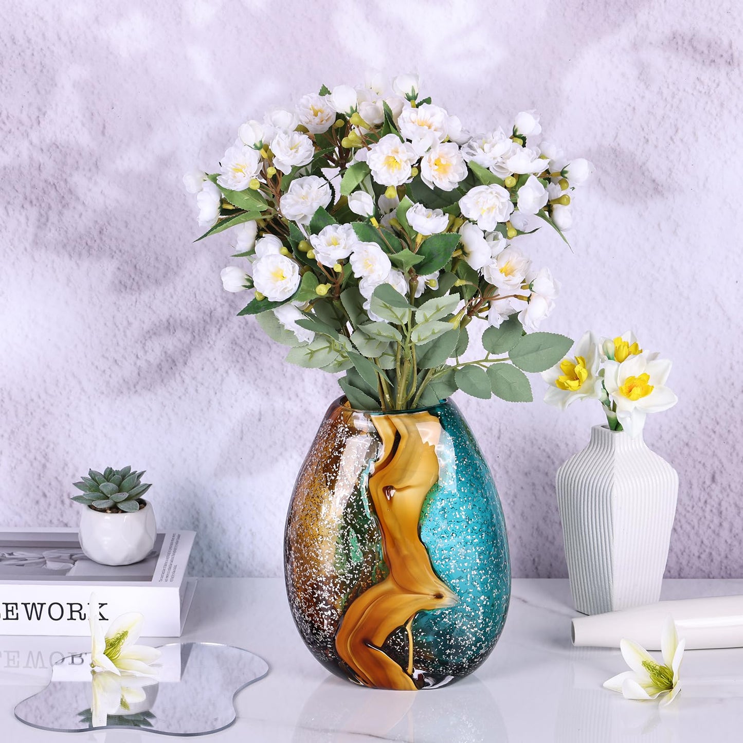 PlivBloom Teal Glass Vase,Hand Blown Green Glass Flower Vases Bulk,Murano Glass Vases,Unique Table Glass Decor, Flowers with Vase Decorative,Teal Vase Decor,for Bookshelf,Living Room,Office,Gift (S)