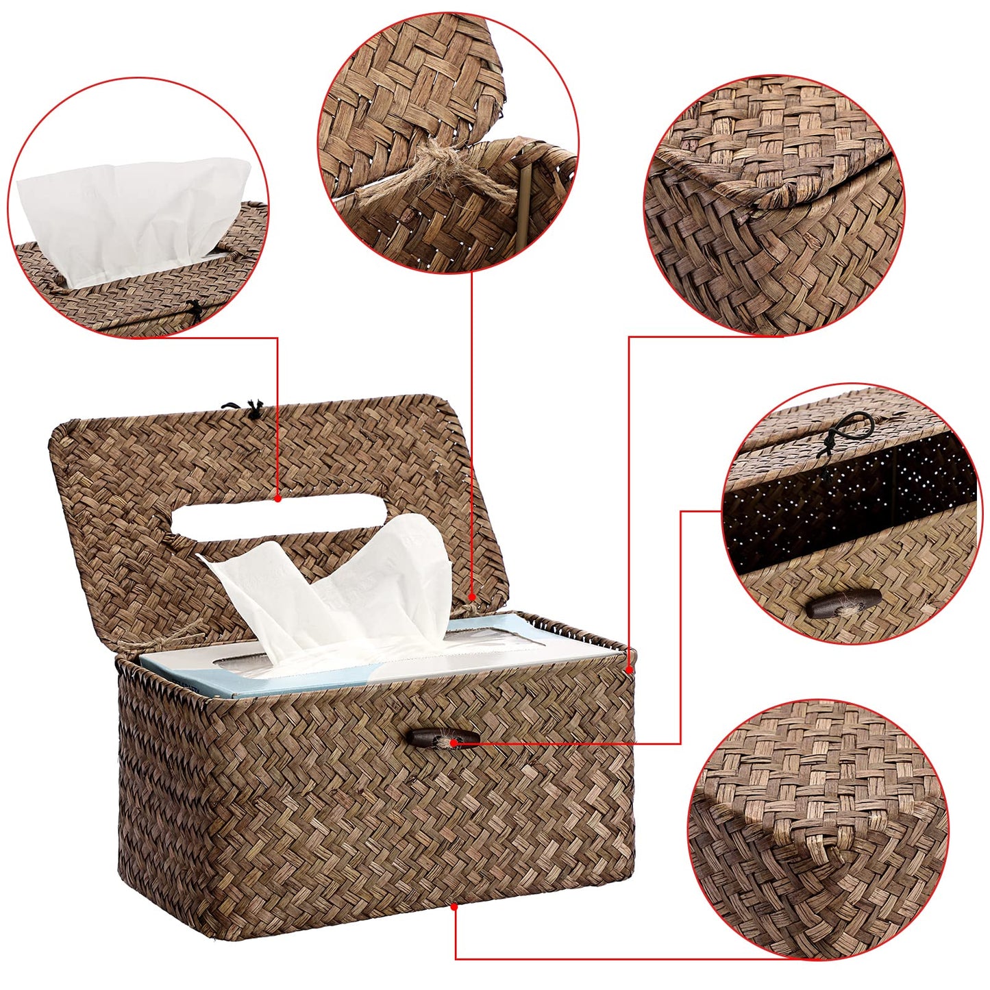Sumnacon Tissue Box Cover Large Rectangle Tissue Box Seagrass Tissue Box Holder Woven Tissue Holder Decorative Tissue Cover for Bathroom Tissue Box Cover Rectangular for Home Office Table Coffee