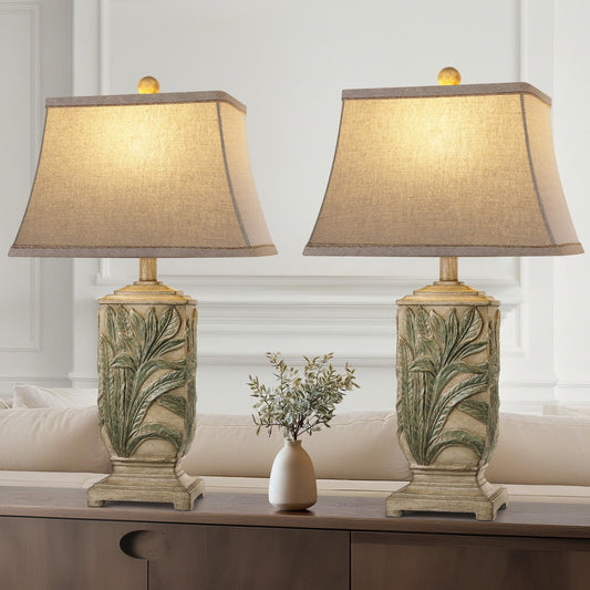 WIHTU 25" Vintage Table Lamps, 3 Color Temperature Rustic Retro Beside Lamp Set of 2, Farmhouse Resin Table Lamp for Living Room Bedroom Nightstands, Rotary Switch, Carved Leaf(2 Bulbs Included)