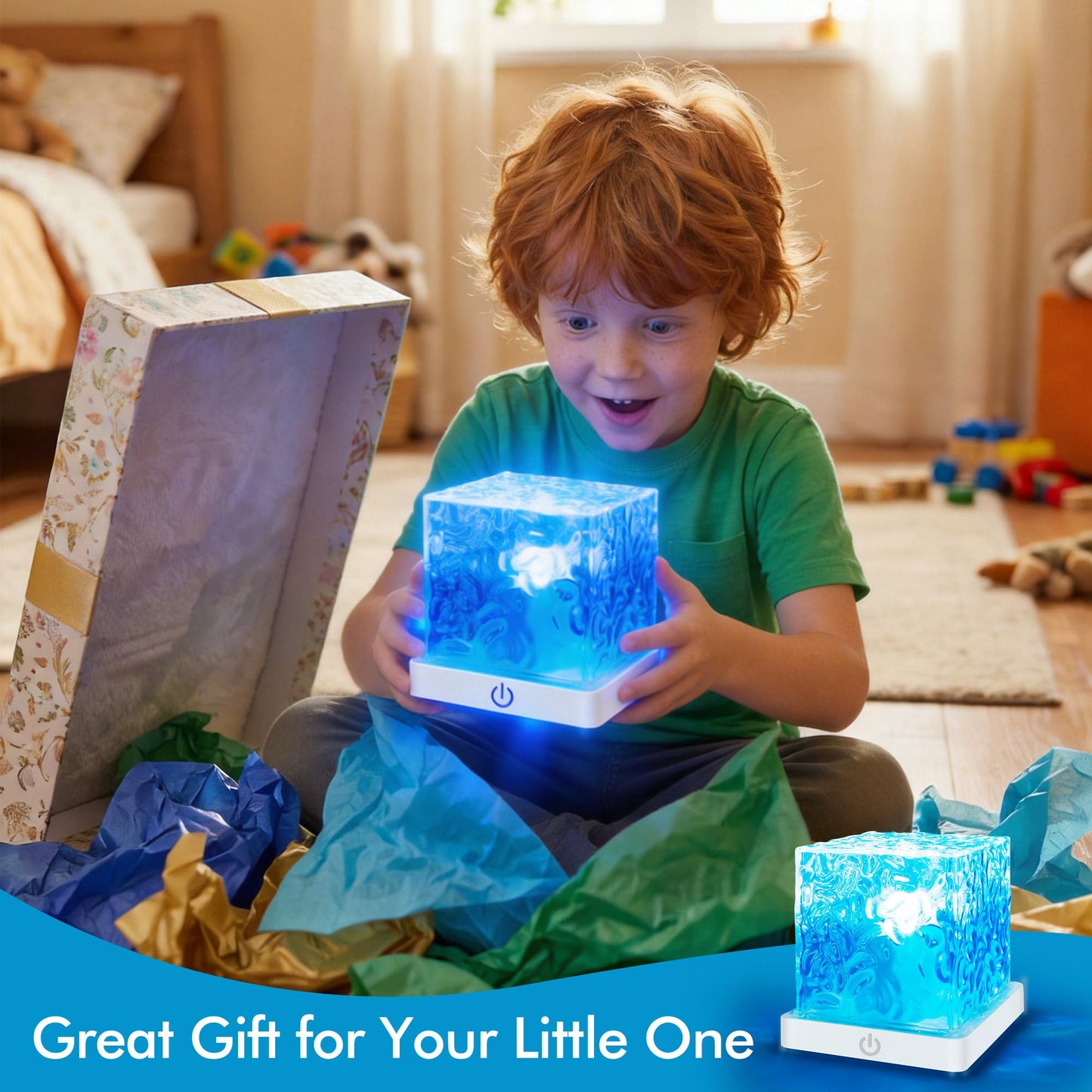 rerekiki Waterproof Shower Light for Inside Bathroom, Rechargeable Cube Shape Kids Shower Lamp, RGBW 13 Color Changing Bathtub Lamp with Remote Ocean Wave Projector Mood Night Lighting