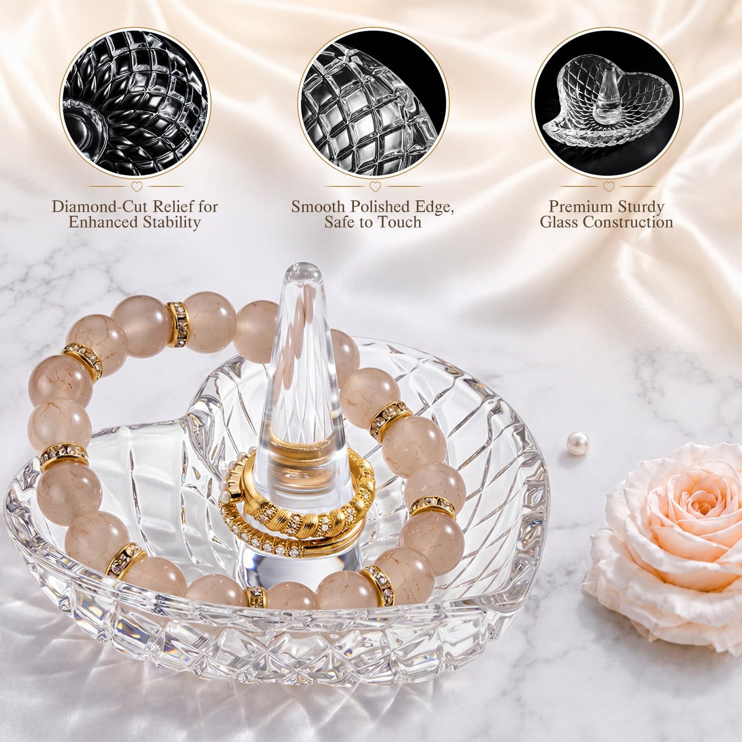 Yiyiring 2 Pack Heart Shaped Ring Holder Dish for Women, Crystal Glass Jewelry Tray for Wedding, Engagement, Bathroom Sink, Nightstand, Gift for Mom Wife Girlfriend