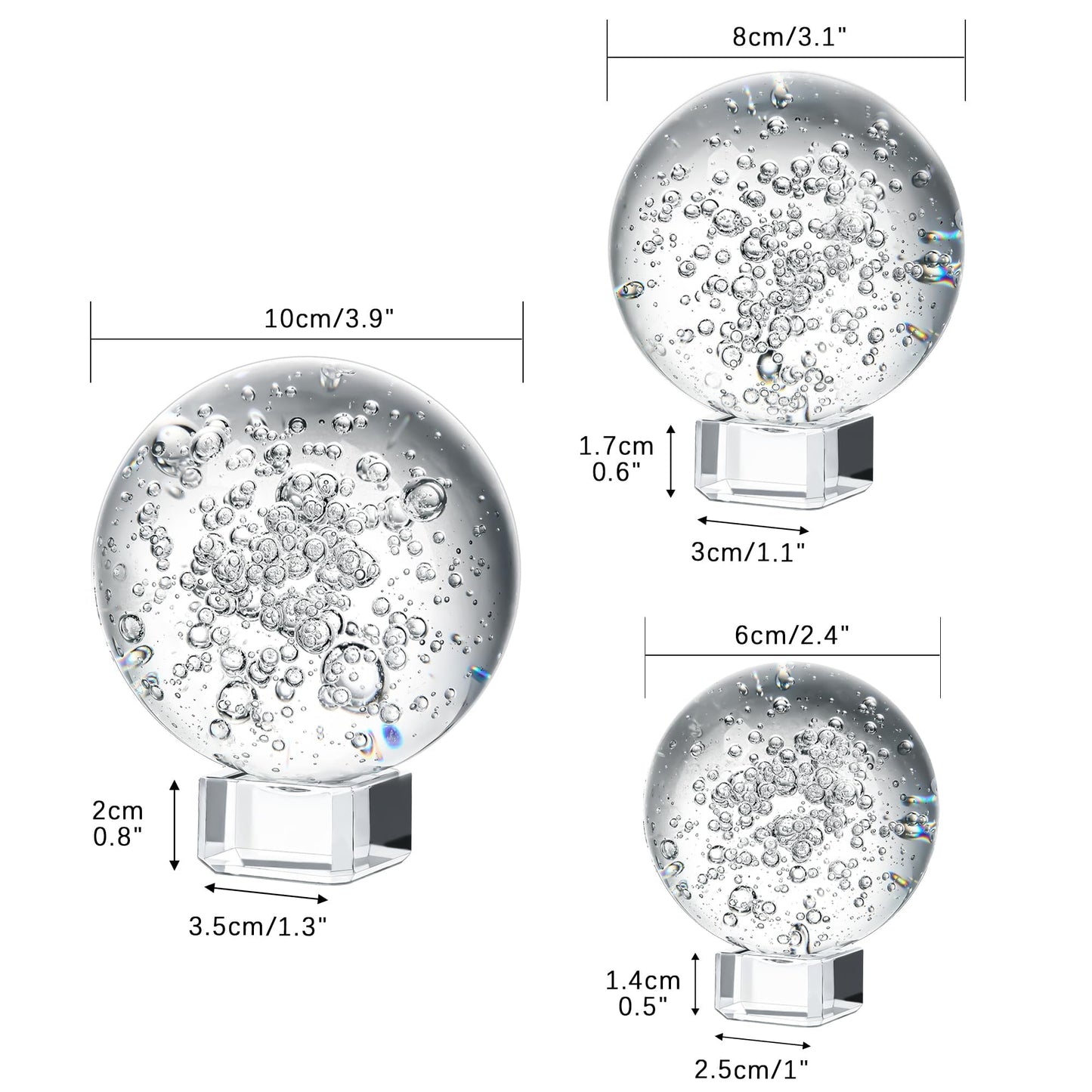 Crystal Ball Set of 3 K9 Bubble Glass Decorative Spheres with Stands