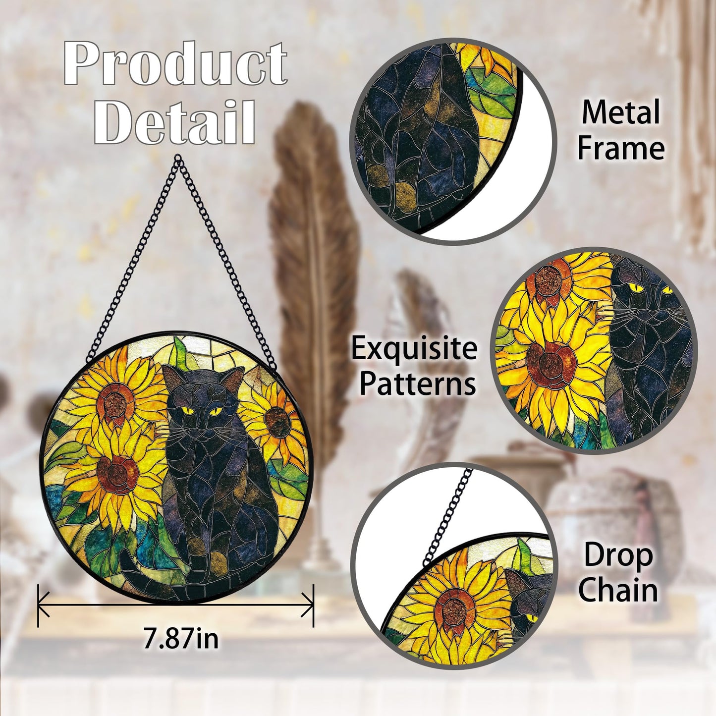 Hiuwevt Black Cat Sunflower Suncatcher Stained Glass Window Hanging, Cat Flower Sun Catchers Indoor Window Glass Wall Art Decor, Black Kitten Sunflower Round Wall Hanging Decorations, 7.9x7.9 inch