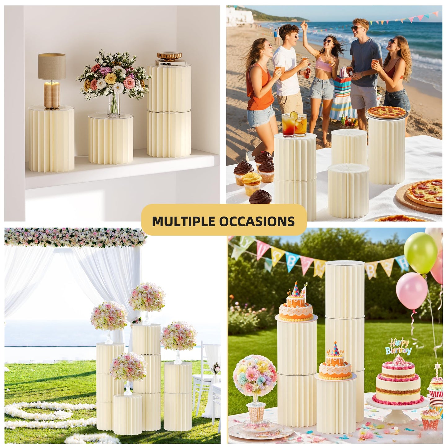 Urban Deco Cylinder Stands for Party, 8PCS Cake Pedestal Stands for Parties, Foldable Cardboard Pillars with Acrylic Disc, Cilindros para Fiestas Redondos Blancos for Birthday Wedding Decor, White